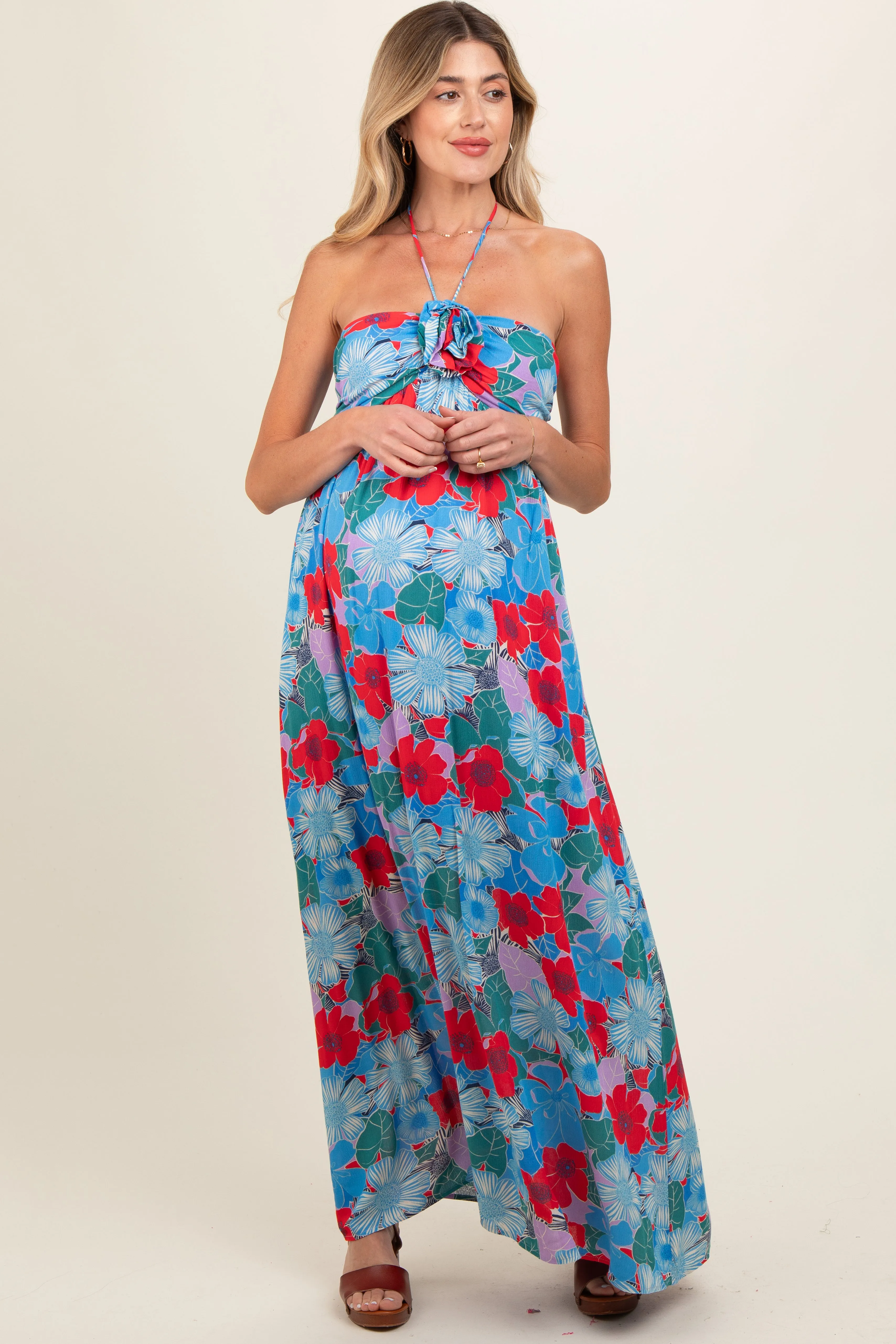 Blue Floral Halter Maternity Maxi Dress sold by Pinkblush product image thumbnail 2