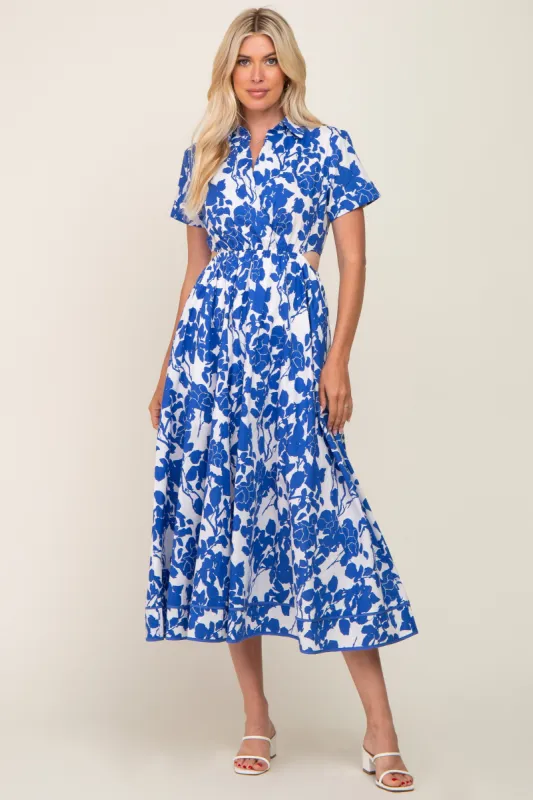 Royal Blue Floral Collared Short Sleeve Side Cutout Midi Dress sold by Pinkblush