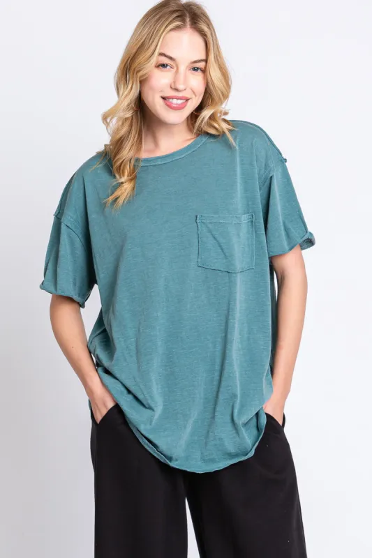 Teal Mineral Wash Front Pocket Short Sleeve T-Shirt sold by Pinkblush