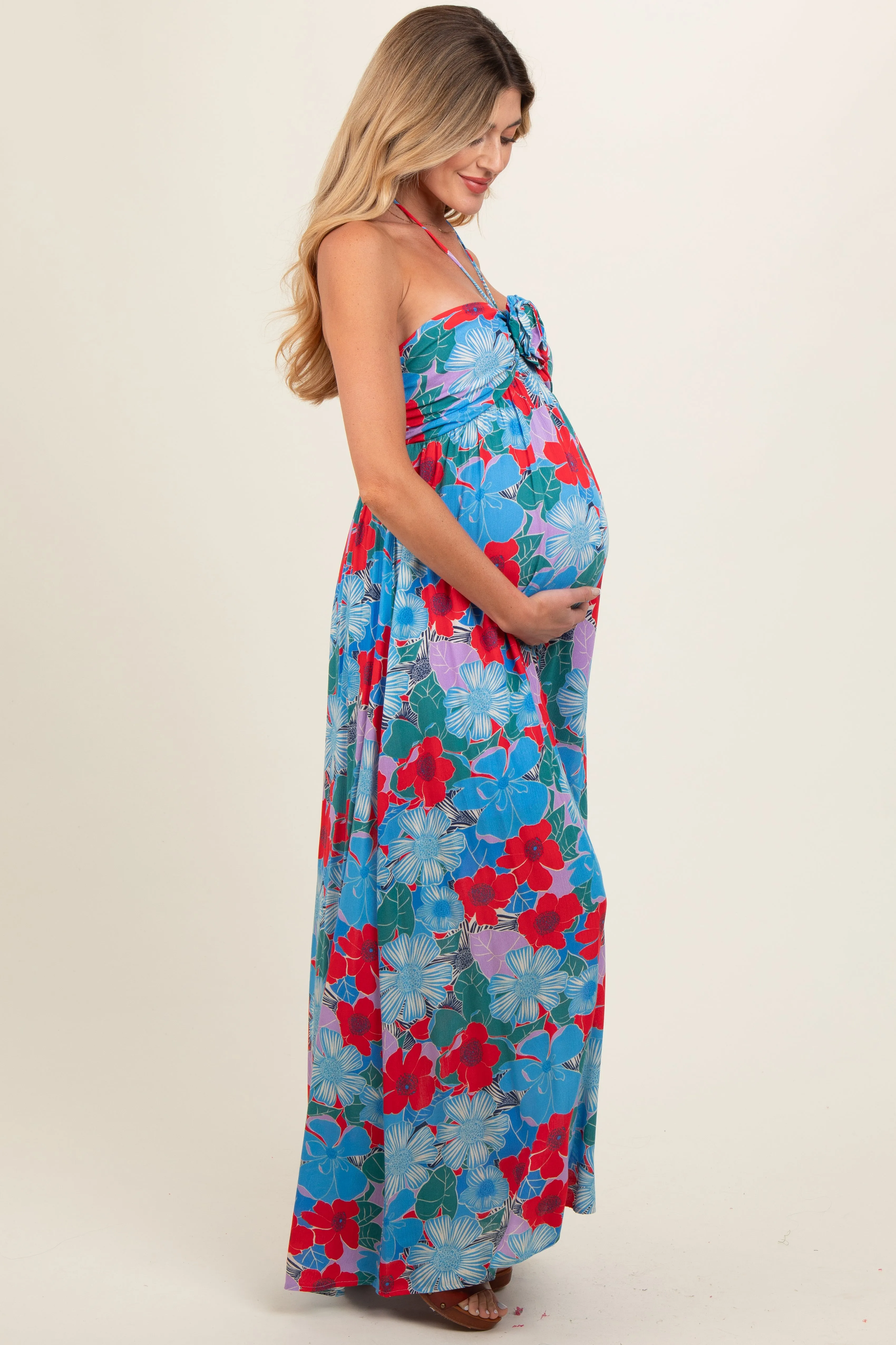 Blue Floral Halter Maternity Maxi Dress sold by Pinkblush product image thumbnail 3