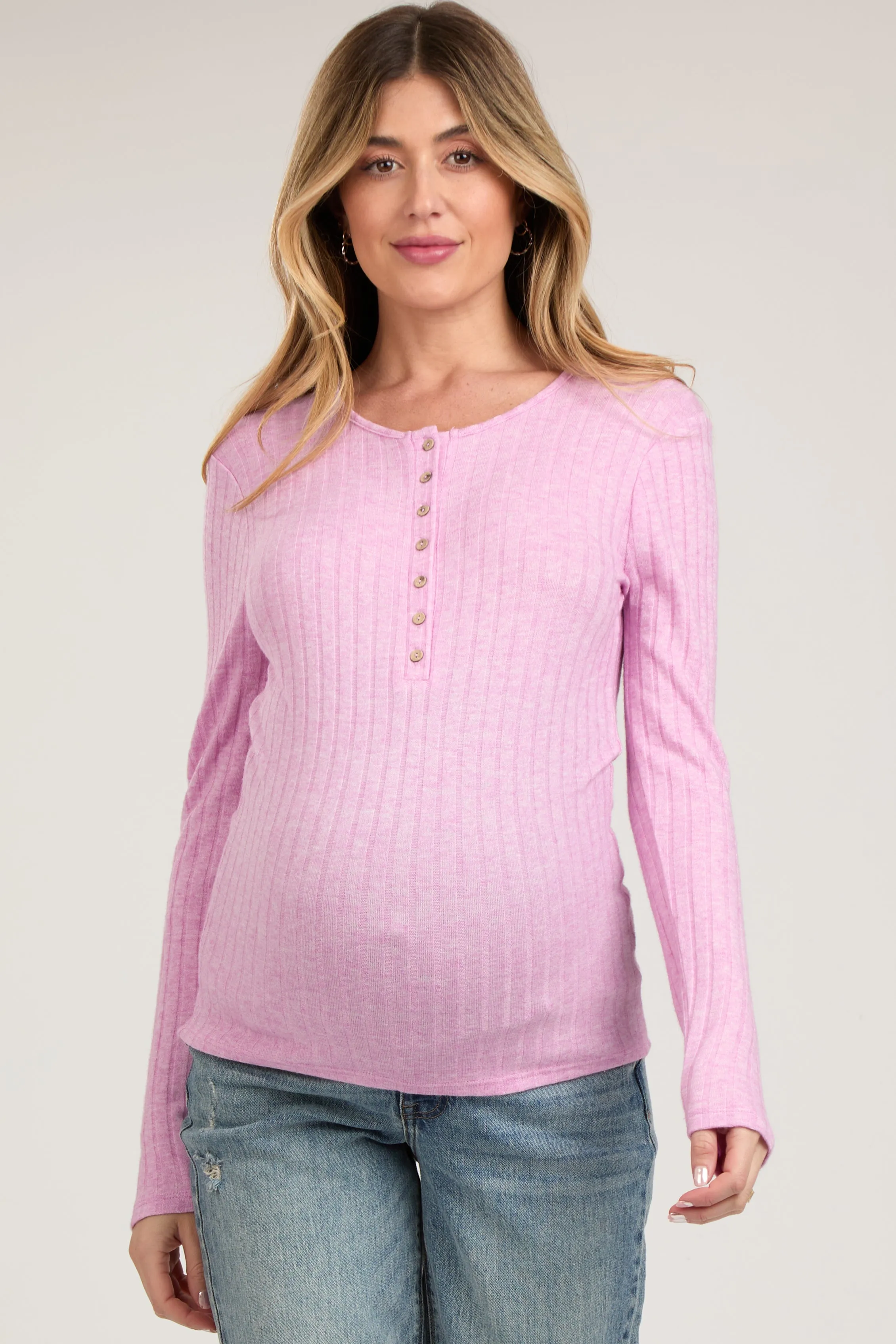 Pink Ribbed Knit Button Long Sleeve Maternity Top sold by Pinkblush