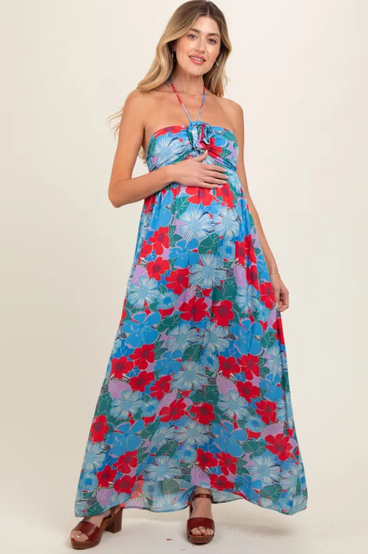Blue Floral Halter Maternity Maxi Dress sold by Pinkblush