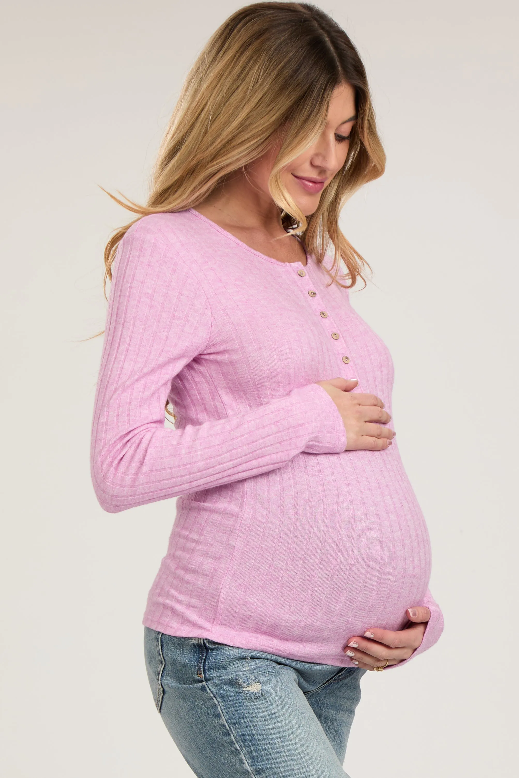 Pink Ribbed Knit Button Long Sleeve Maternity Top sold by Pinkblush product image thumbnail 2