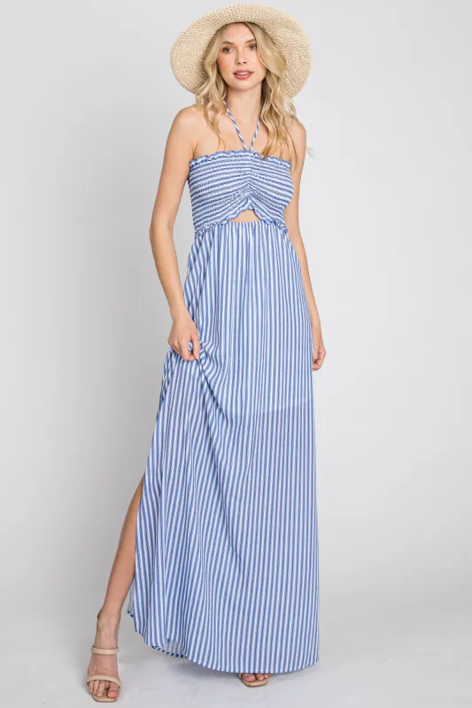 Blue Striped Cutout Front Halter Neck Maxi Dress sold by Pinkblush