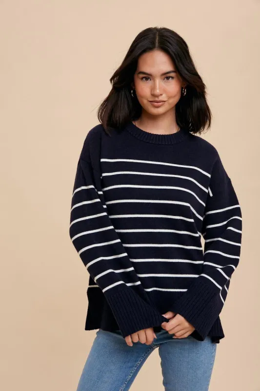 Navy Blue Striped Sweater sold by Pinkblush
