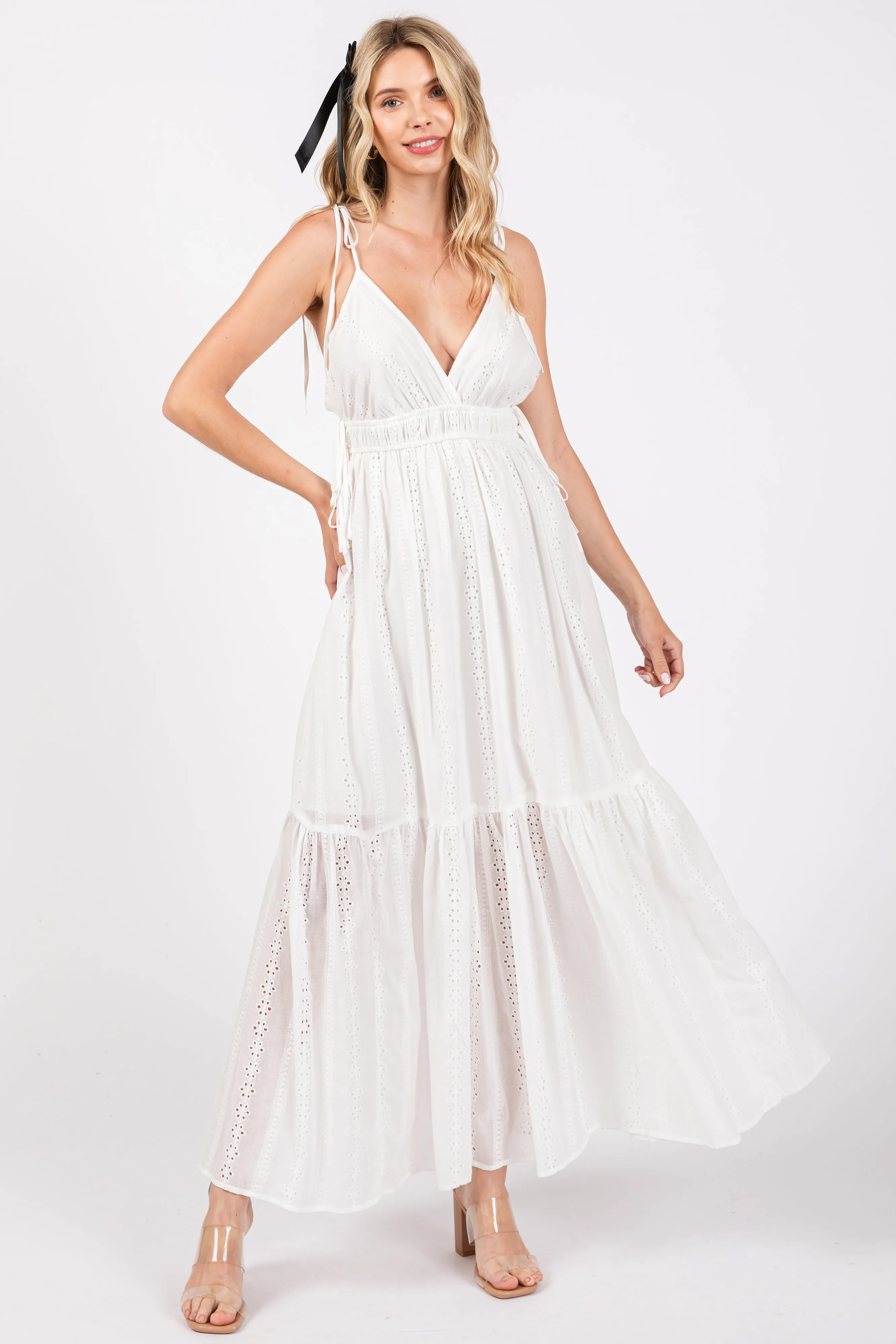 Ivory Floral Eyelet Shoulder Tie Dress sold by Pinkblush product image thumbnail 4