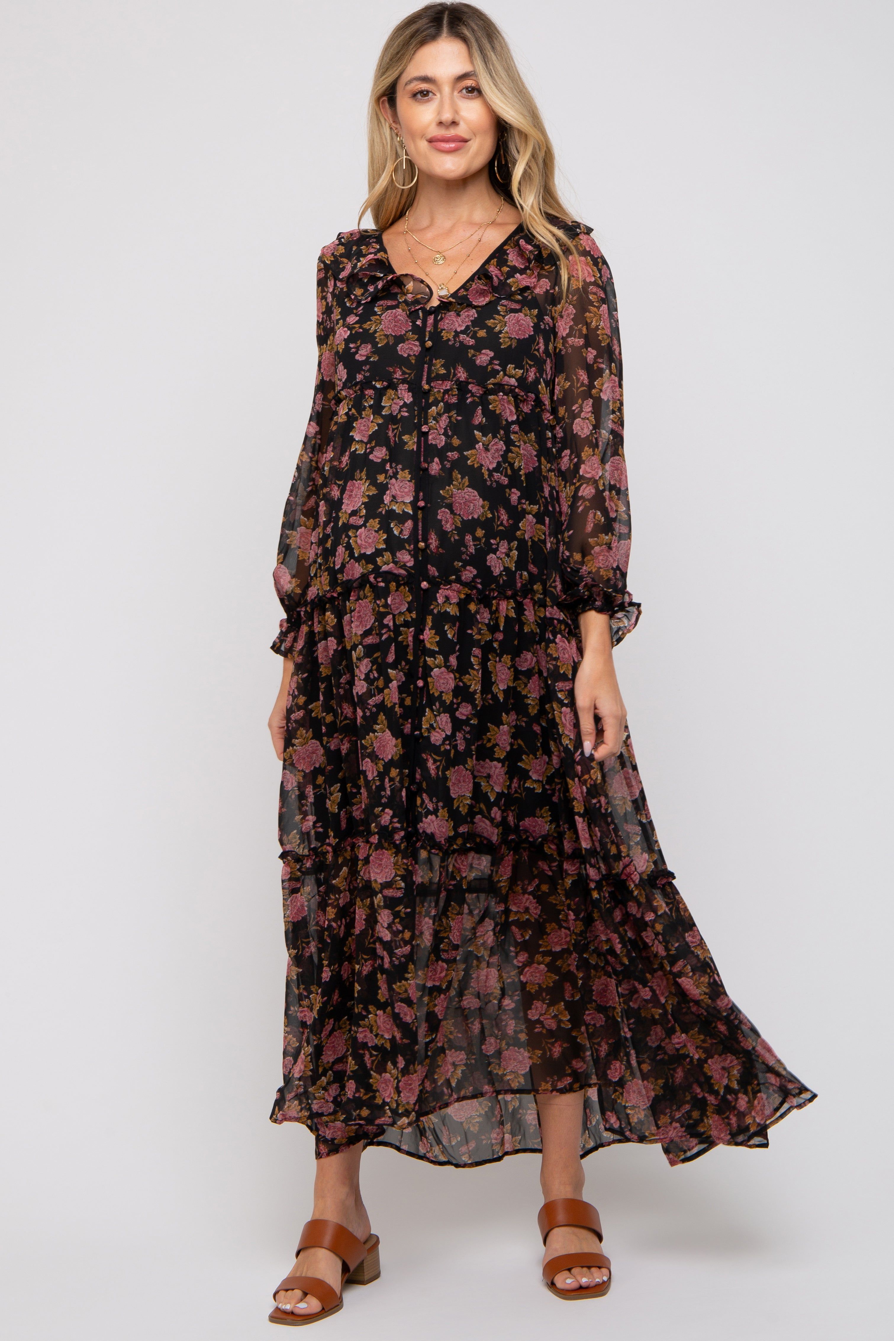 Black Floral Button Front Ruffle Accent Maternity Maxi Dress sold by Pinkblush product image thumbnail 4