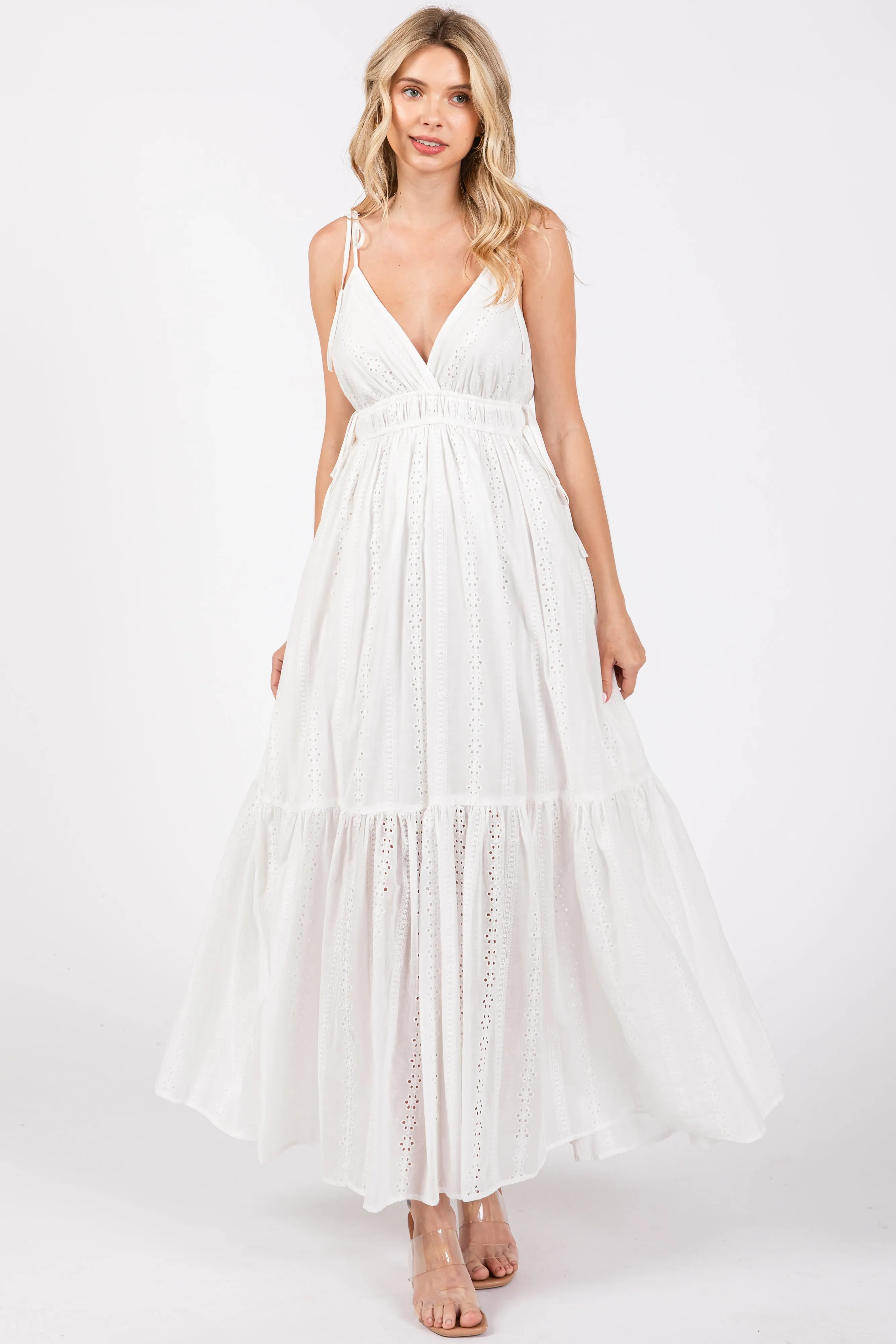 Ivory Floral Eyelet Shoulder Tie Dress sold by Pinkblush