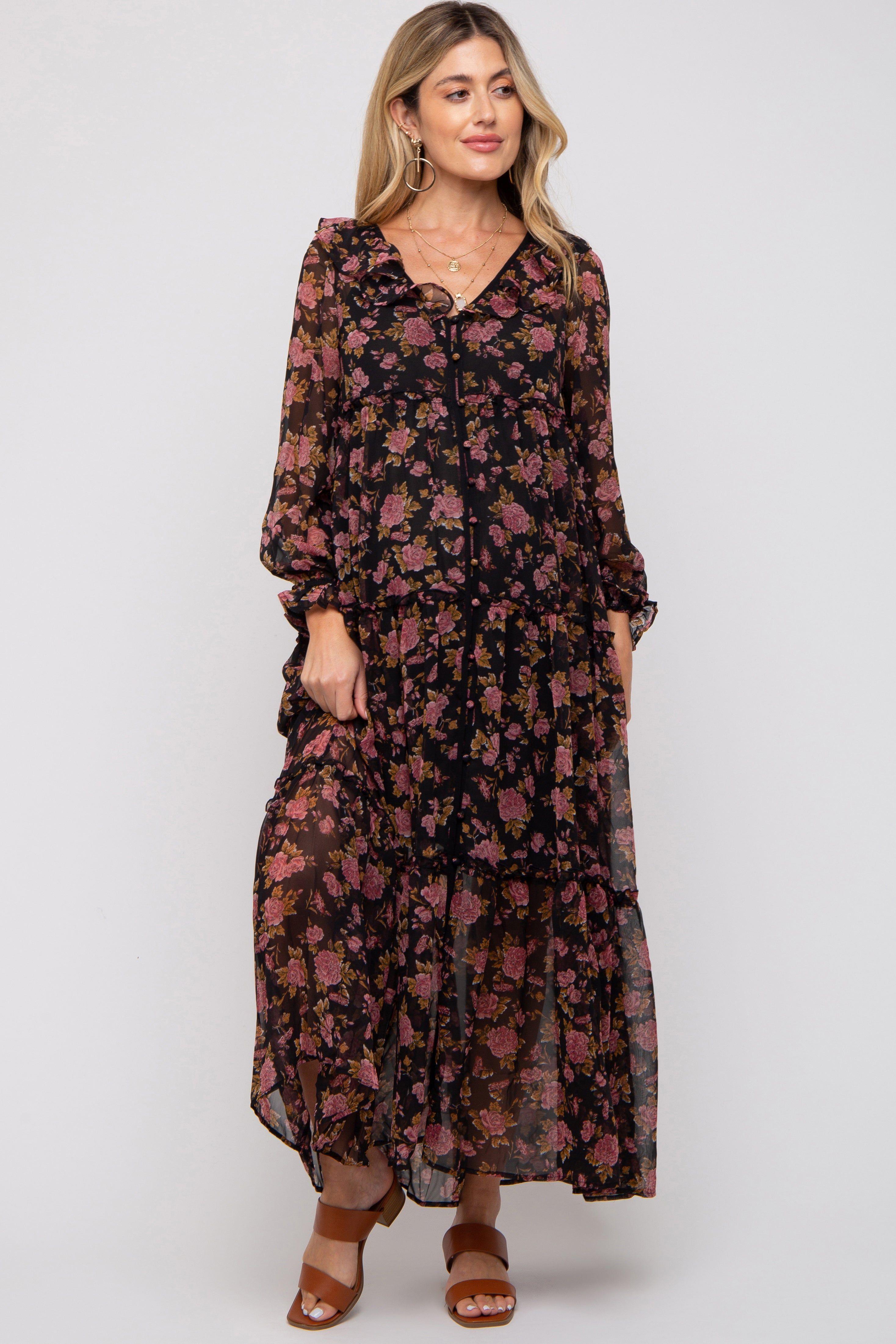 Black Floral Button Front Ruffle Accent Maternity Maxi Dress sold by Pinkblush