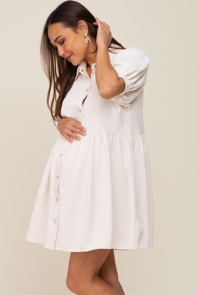 Cream Button Down Maternity Mini Dress sold by Pinkblush product image thumbnail 2