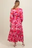 Pink Floral Wrap Front Smocked V-Neck Tiered Maternity Midi Dress sold by Pinkblush