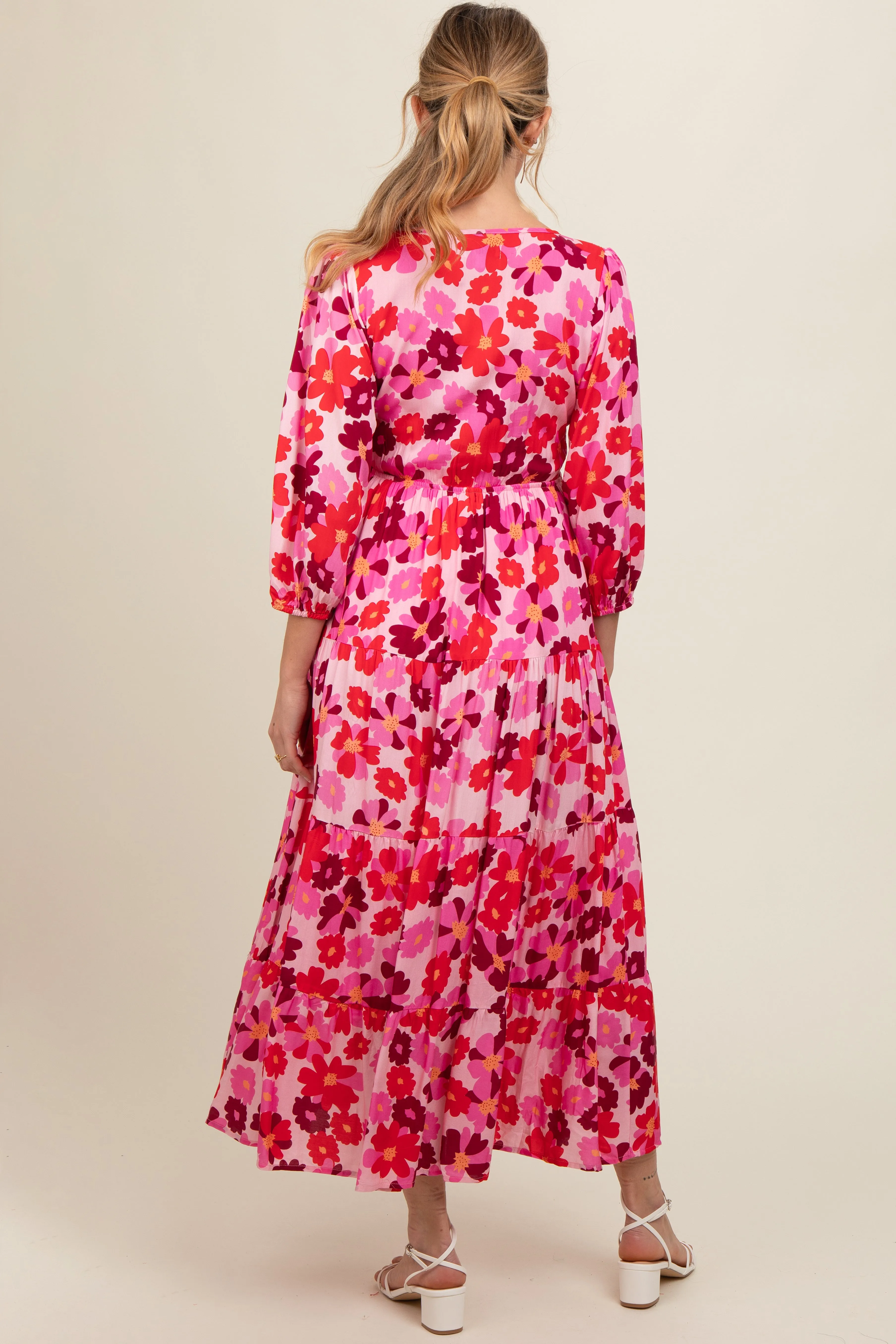 Pink Floral Wrap Front Smocked V-Neck Tiered Maternity Midi Dress sold by Pinkblush product image thumbnail 4