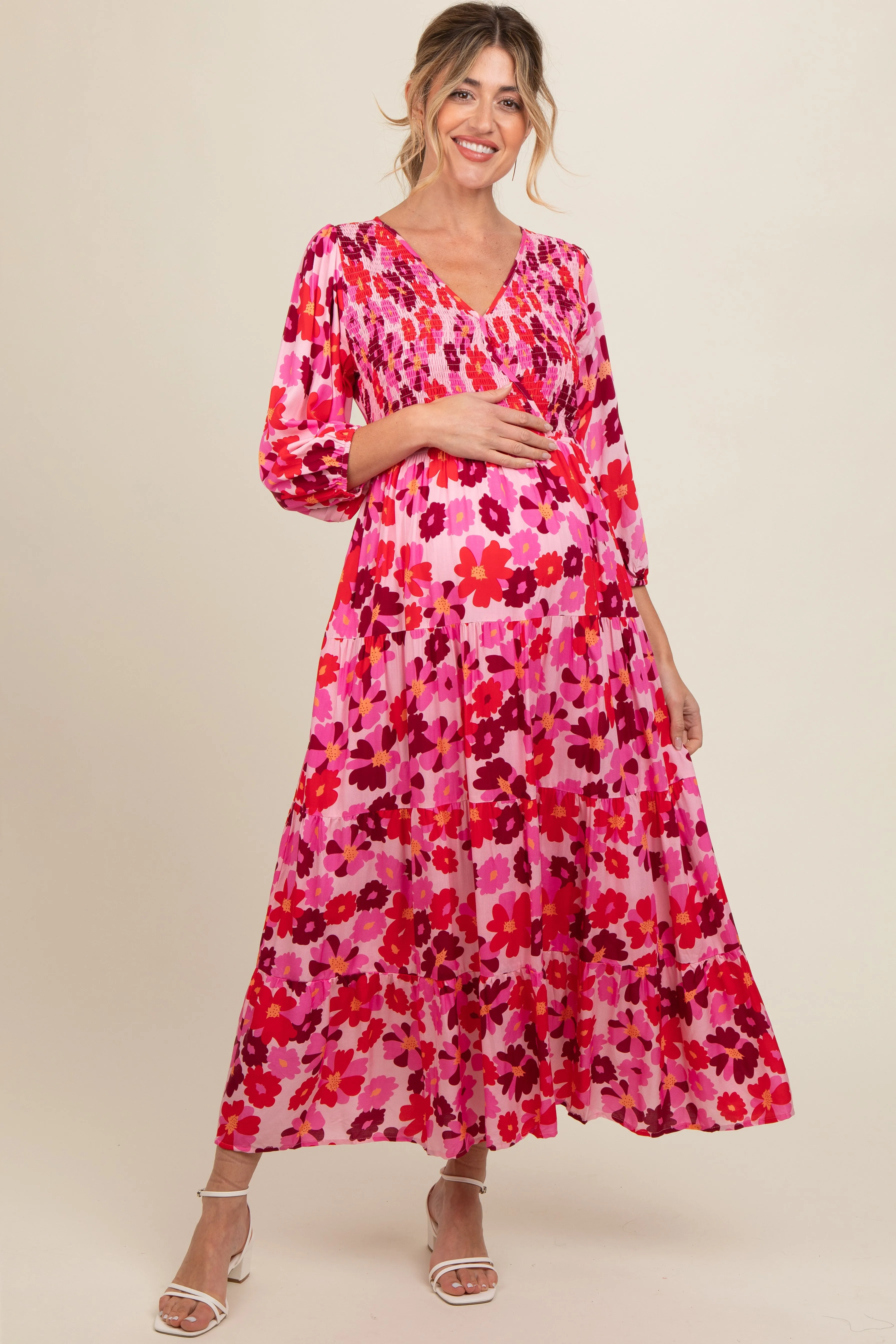 Pink Floral Wrap Front Smocked V-Neck Tiered Maternity Midi Dress sold by Pinkblush
