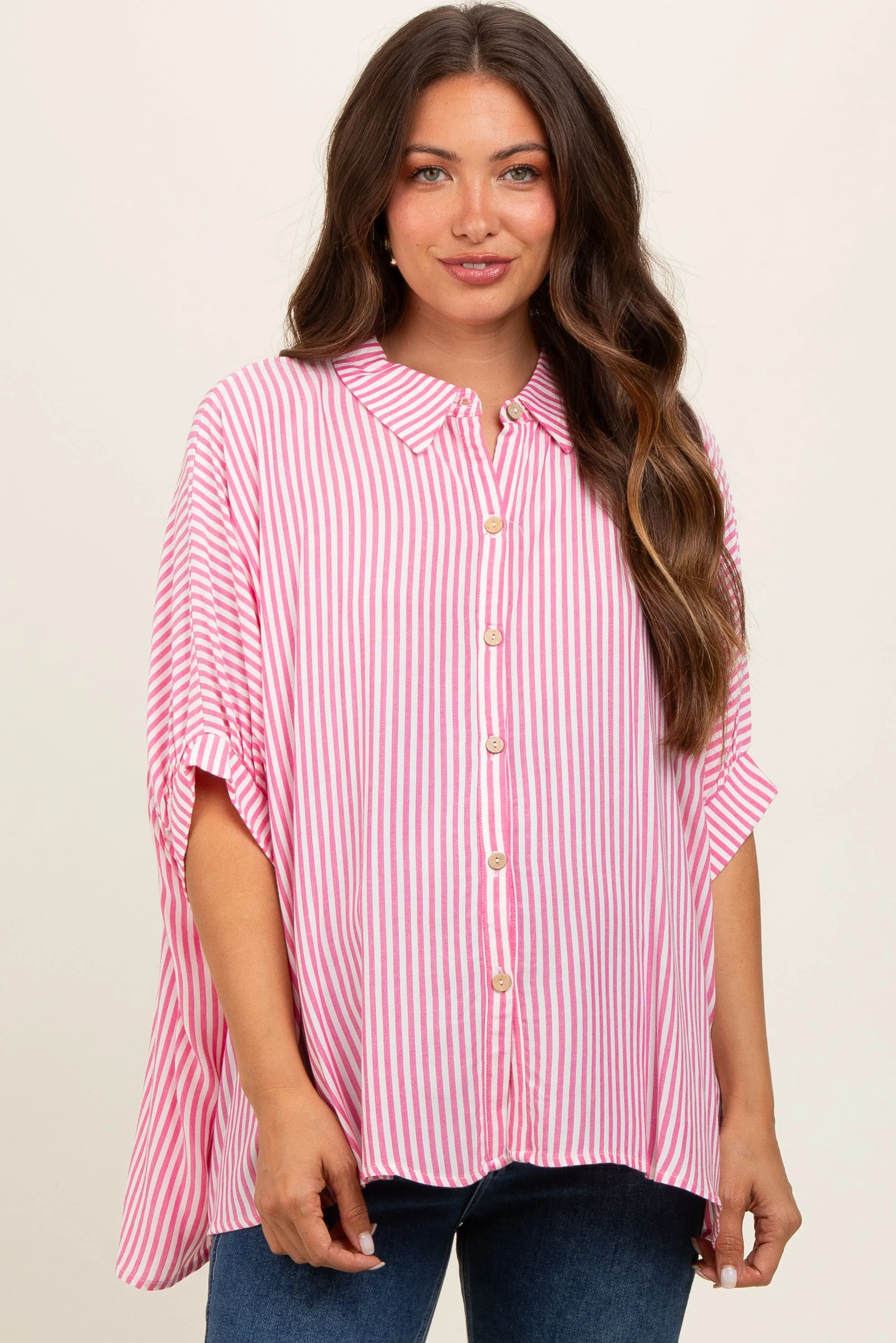 Fuchsia Striped Button Up Dolman Maternity Top sold by Pinkblush product image thumbnail 2