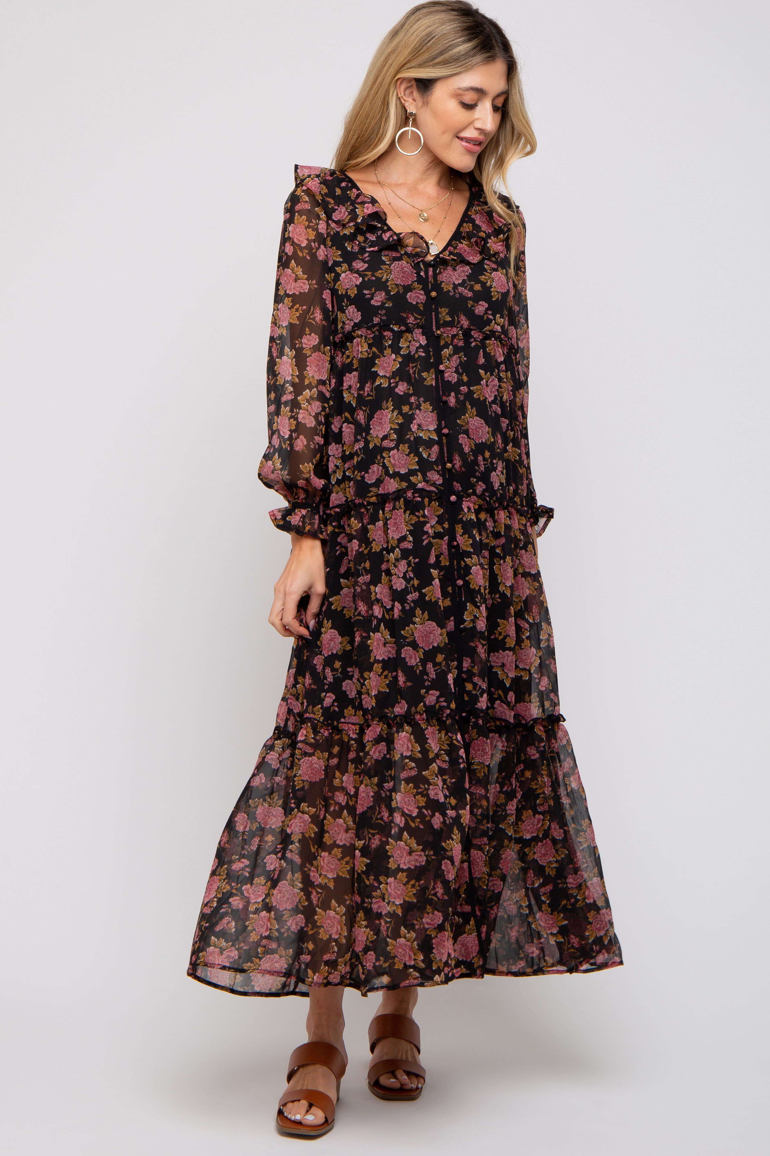 Black Floral Button Front Ruffle Accent Maternity Maxi Dress sold by Pinkblush product image thumbnail 5