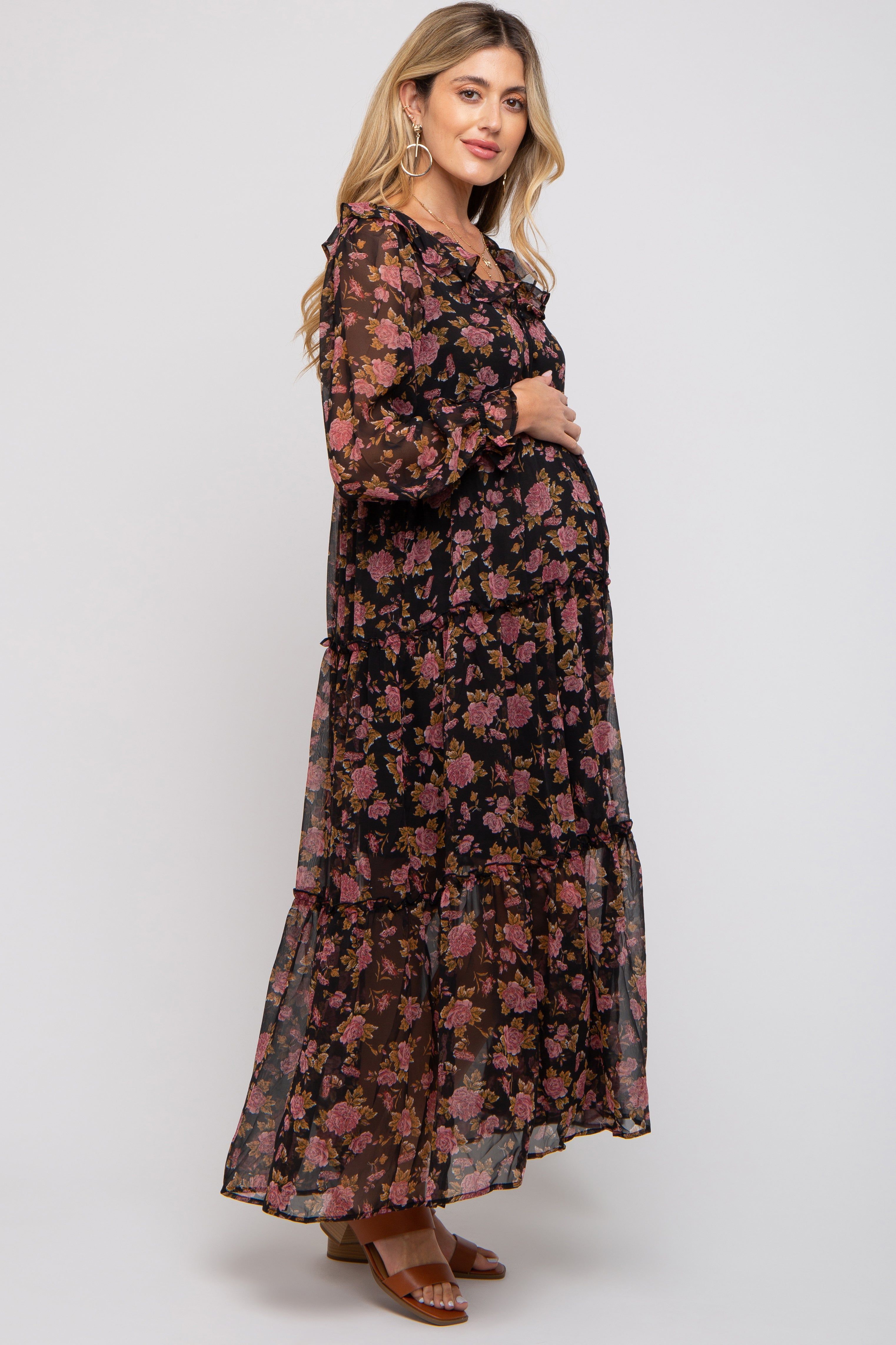 Black Floral Button Front Ruffle Accent Maternity Maxi Dress sold by Pinkblush product image thumbnail 2