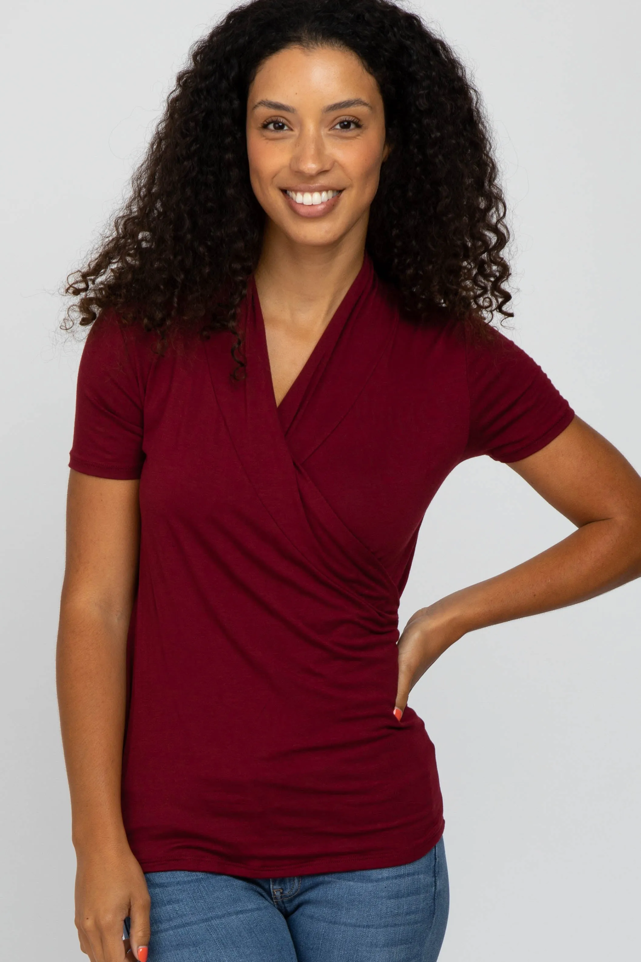 Burgundy Solid Short Sleeve Wrap Front Nursing Top sold by Pinkblush