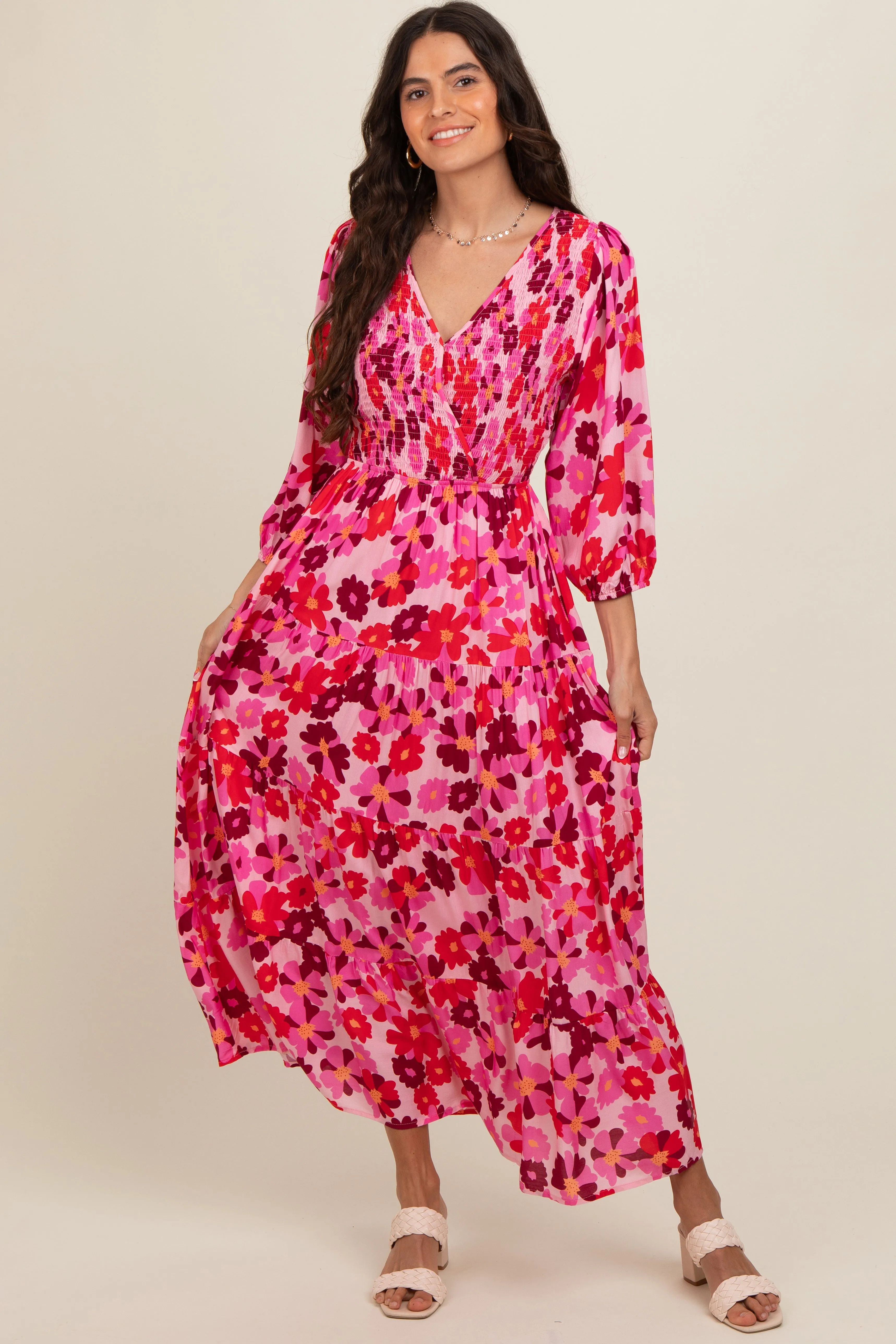 Pink Floral Wrap Front Smocked V-Neck Tiered Maternity Midi Dress sold by Pinkblush product image thumbnail 5