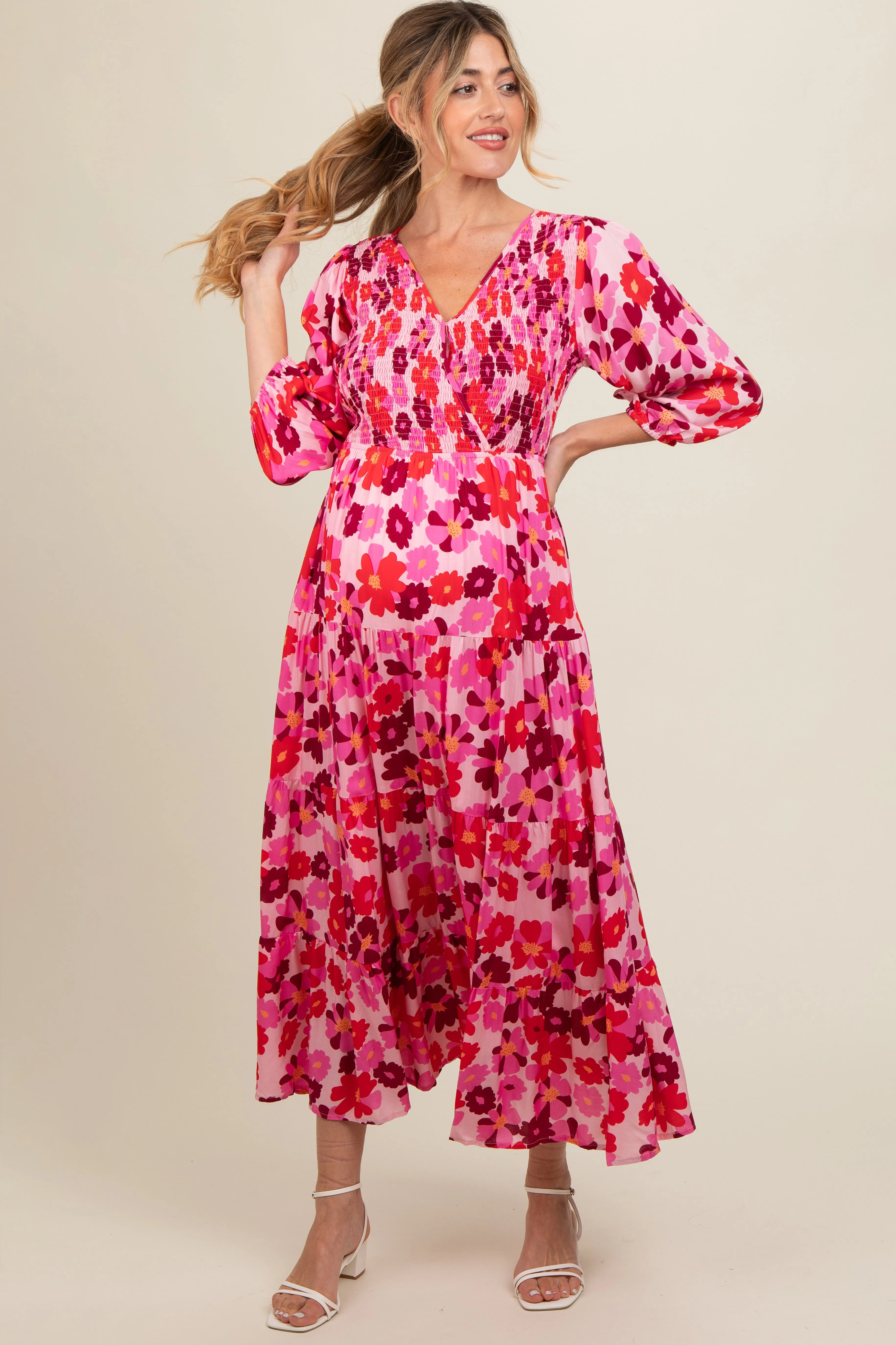 Pink Floral Wrap Front Smocked V-Neck Tiered Maternity Midi Dress sold by Pinkblush product image thumbnail 2