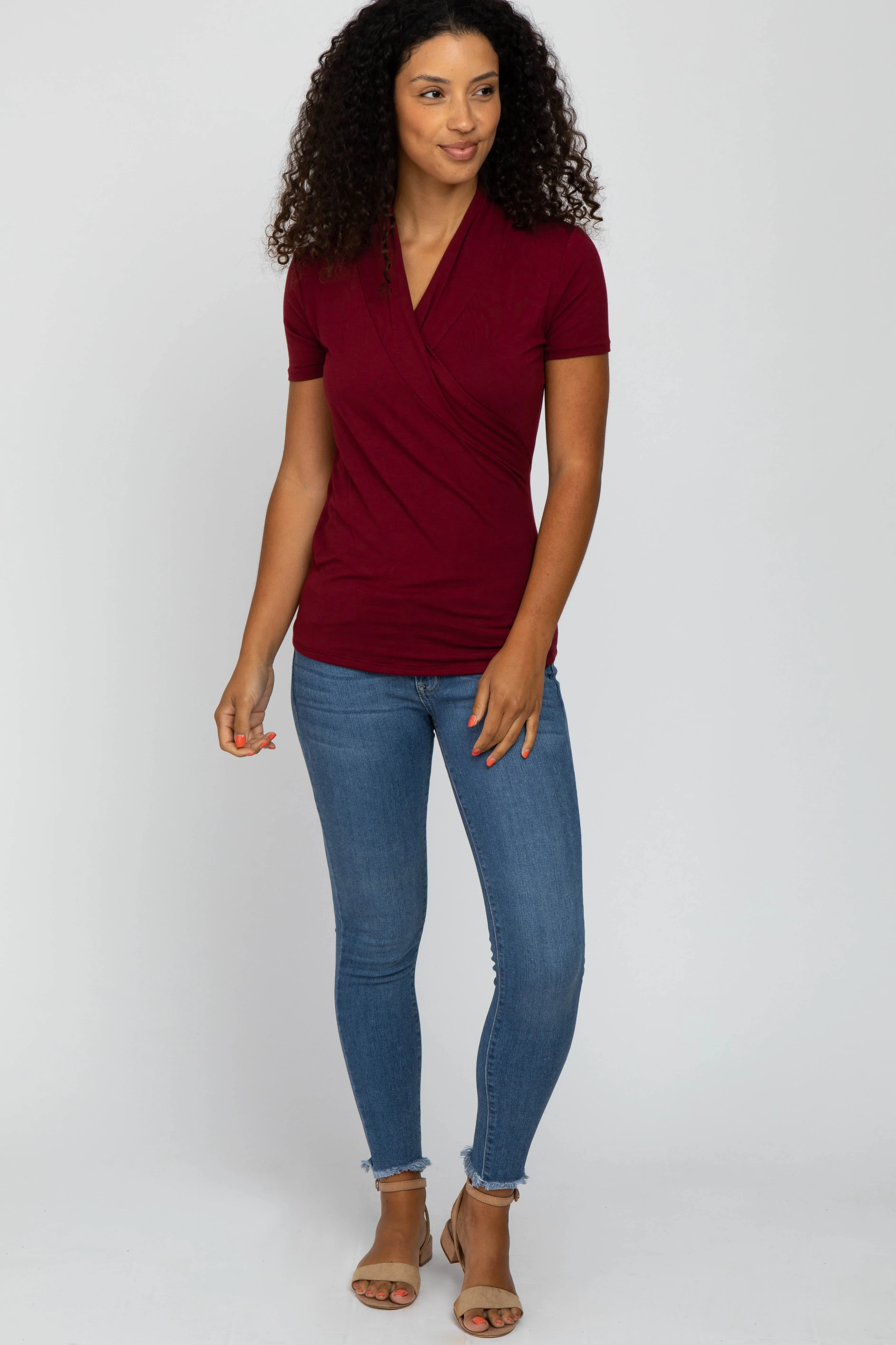 Burgundy Solid Short Sleeve Wrap Front Nursing Top sold by Pinkblush product image thumbnail 5