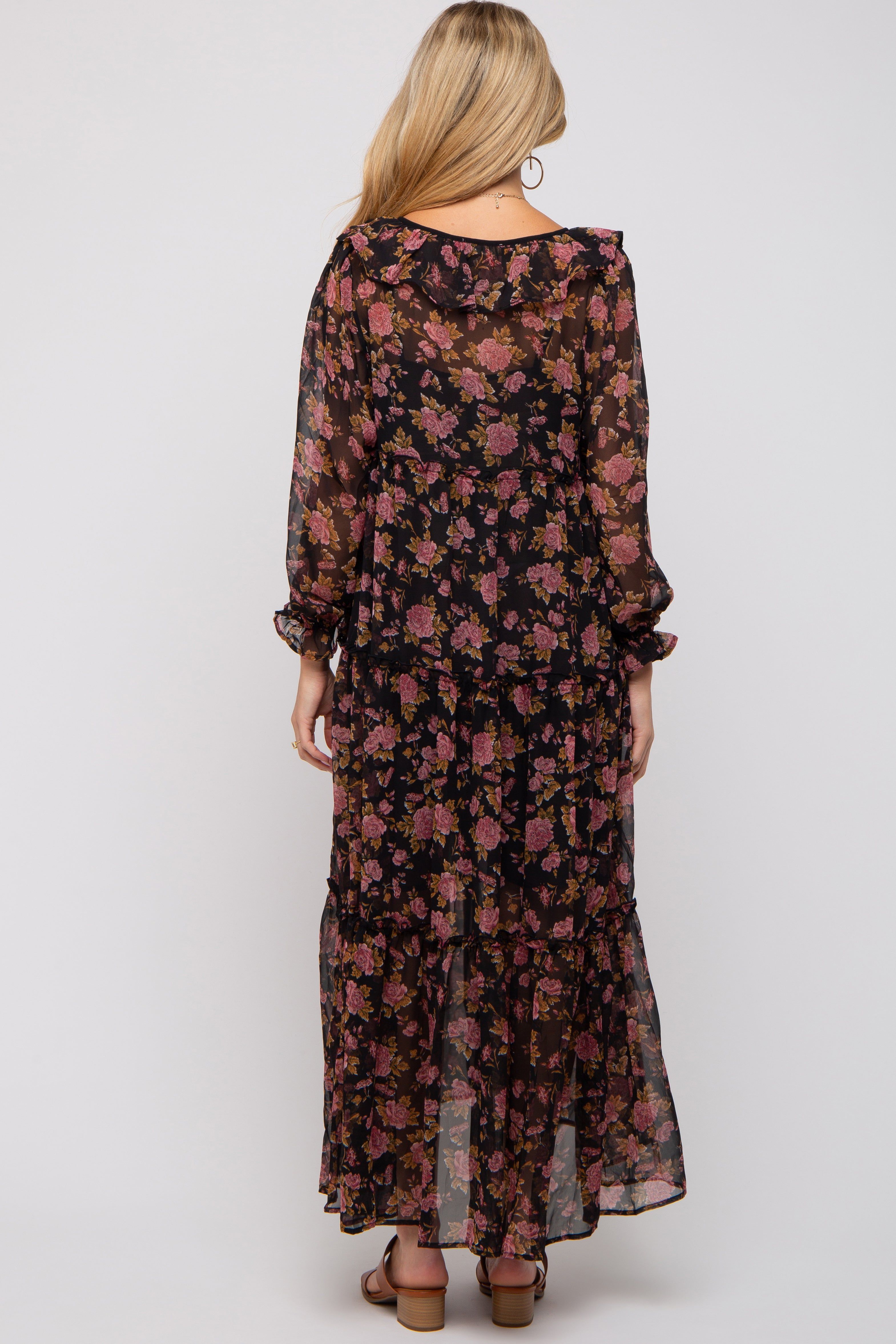 Black Floral Button Front Ruffle Accent Maternity Maxi Dress sold by Pinkblush product image thumbnail 3