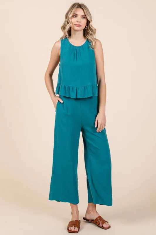 Teal Linen Ruffle Tank Top And Pants Set sold by Pinkblush