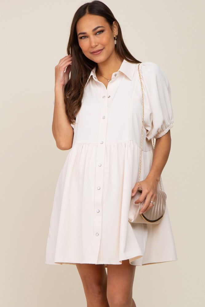 Cream Button Down Maternity Mini Dress sold by Pinkblush
