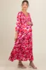 Pink Floral Wrap Front Smocked V-Neck Tiered Maternity Midi Dress sold by Pinkblush