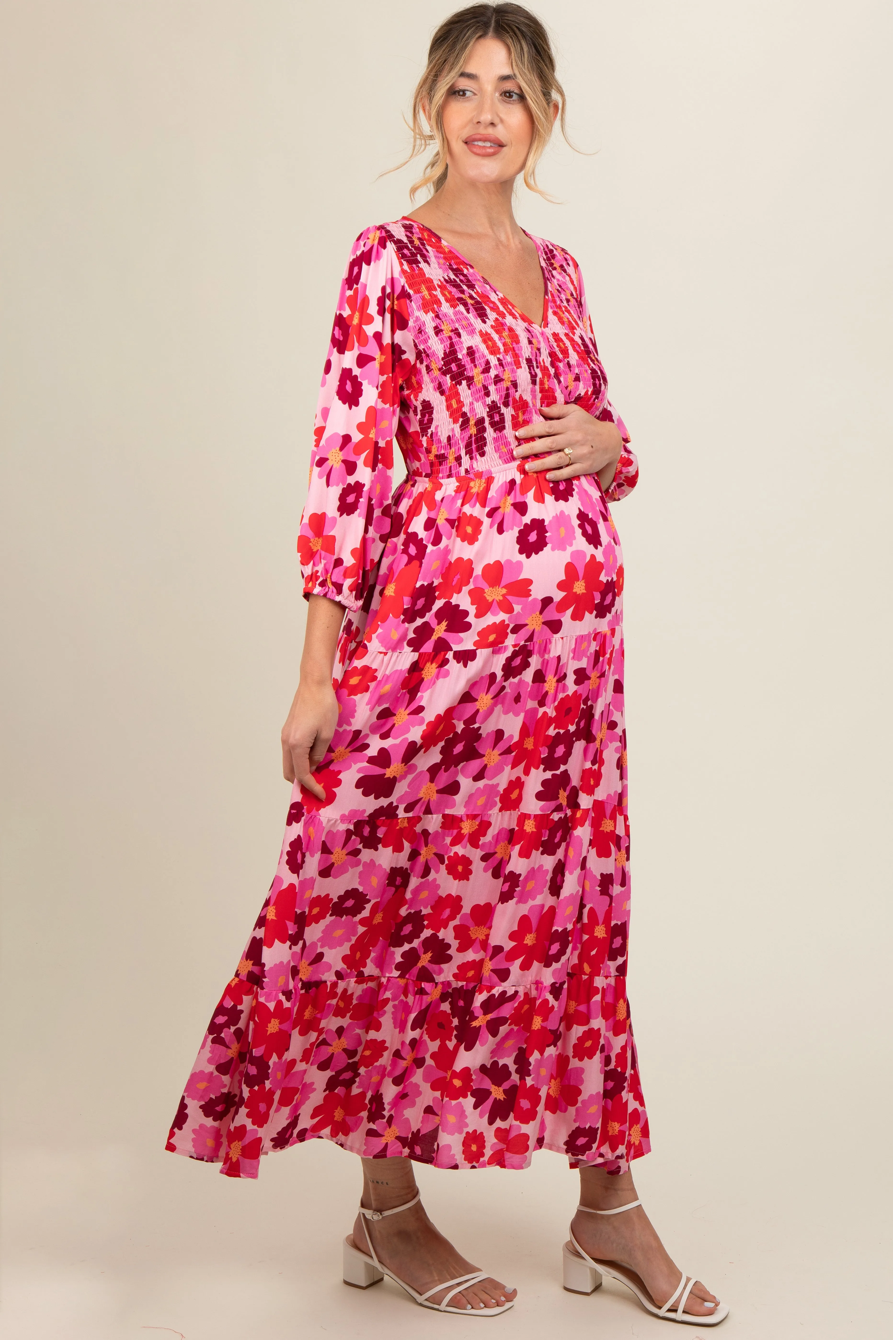 Pink Floral Wrap Front Smocked V-Neck Tiered Maternity Midi Dress sold by Pinkblush product image thumbnail 3