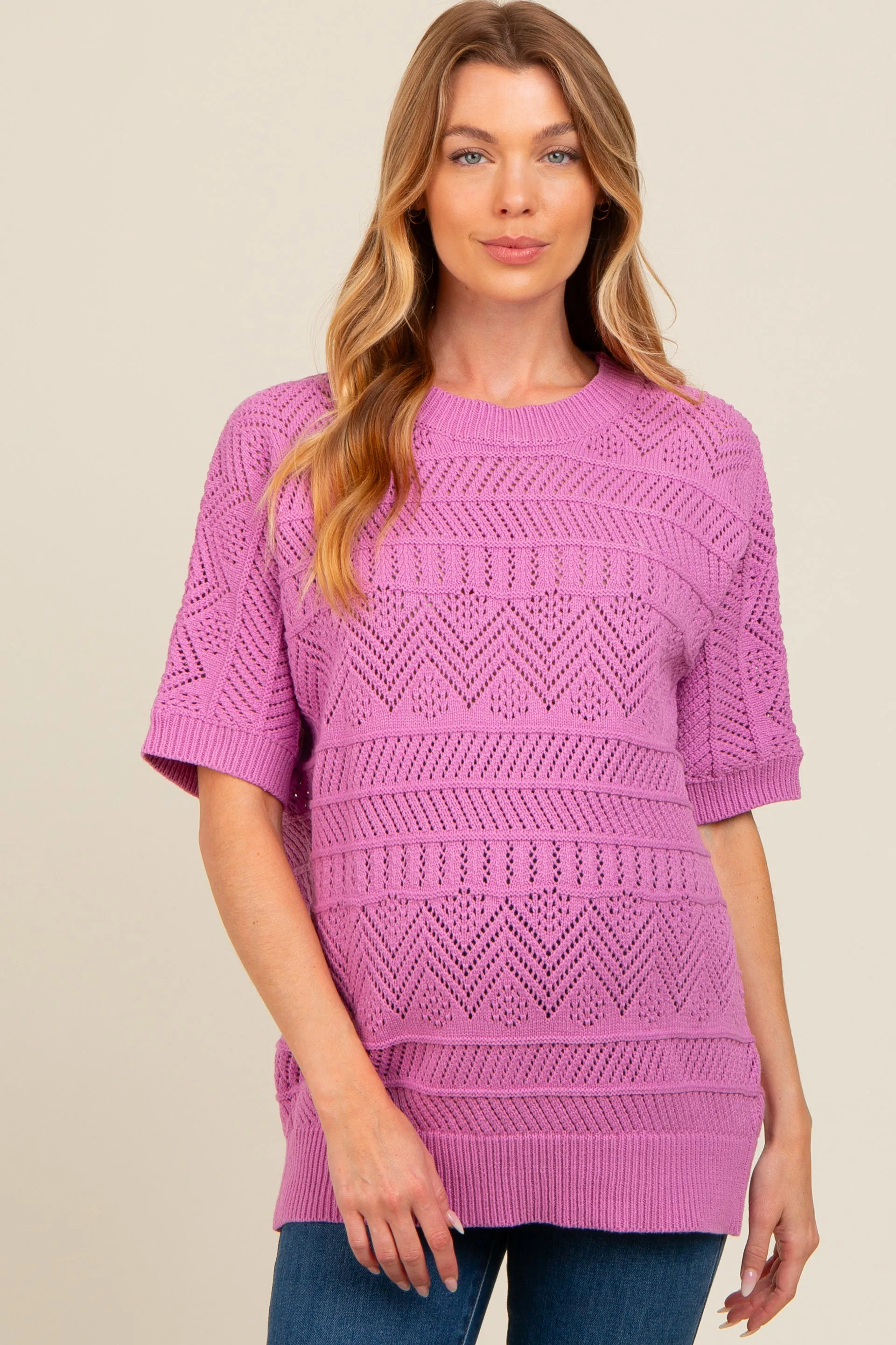 Violet Crochet Knit Short Sleeve Sweater Maternity Top sold by Pinkblush product image thumbnail 2