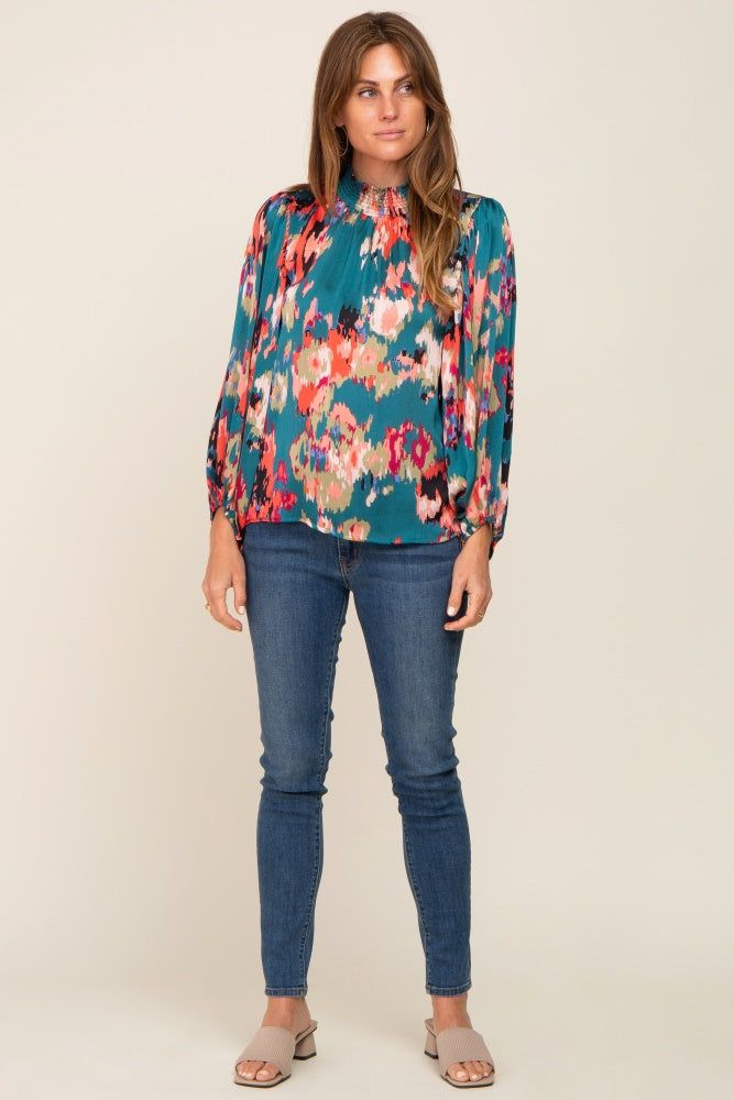Teal Abstract Smocked Mock Neck Blouse sold by Pinkblush product image thumbnail 5