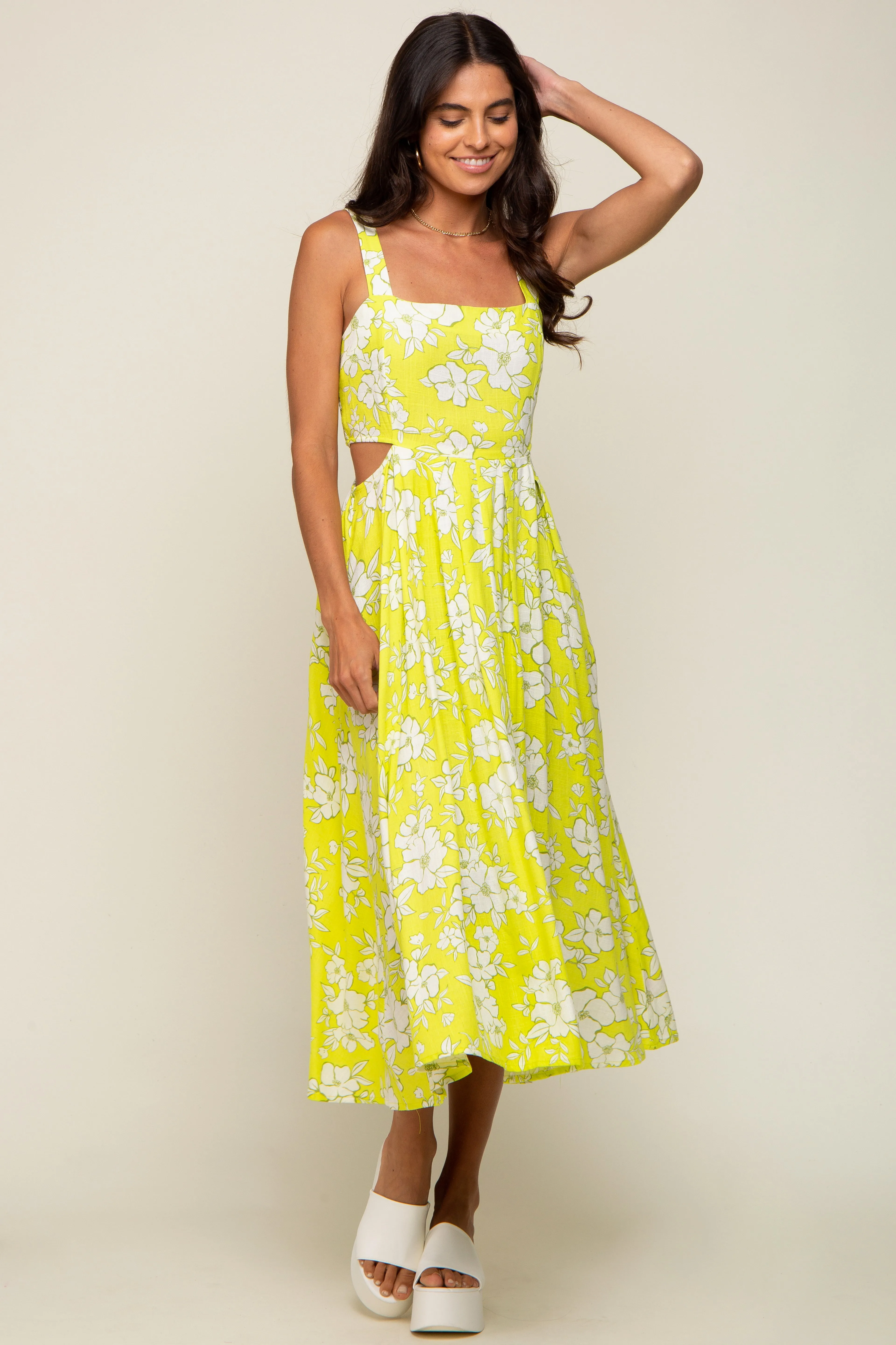 Lime Floral Sleeveless Side Cutout Midi Dress sold by Pinkblush product image thumbnail 4