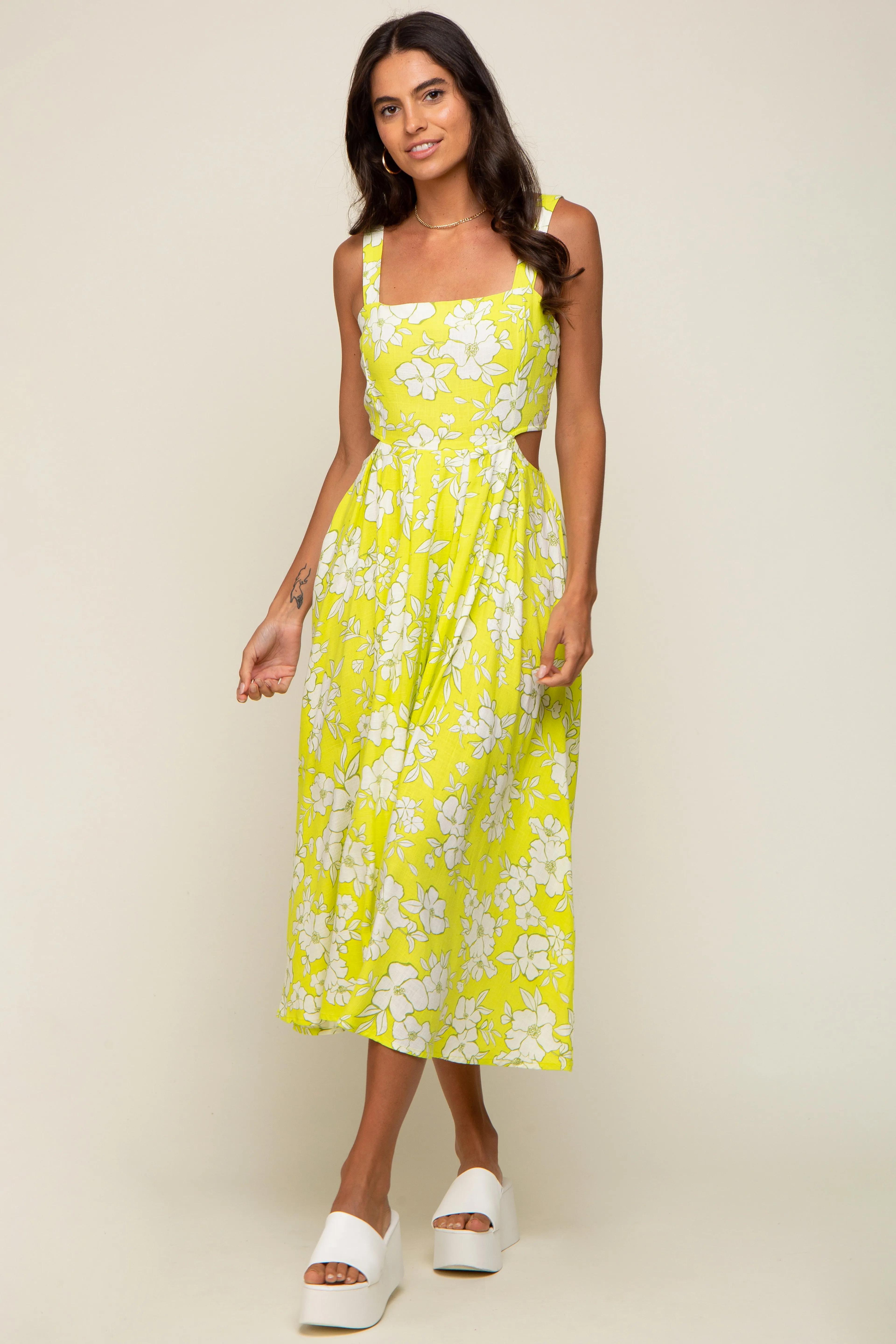 Lime Floral Sleeveless Side Cutout Midi Dress sold by Pinkblush