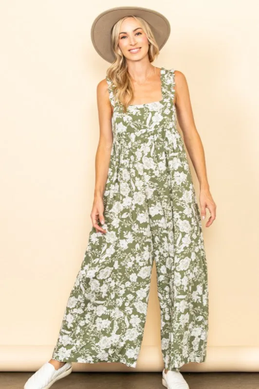 Light Olive Floral Ruffle Strap Jumpsuit sold by Pinkblush