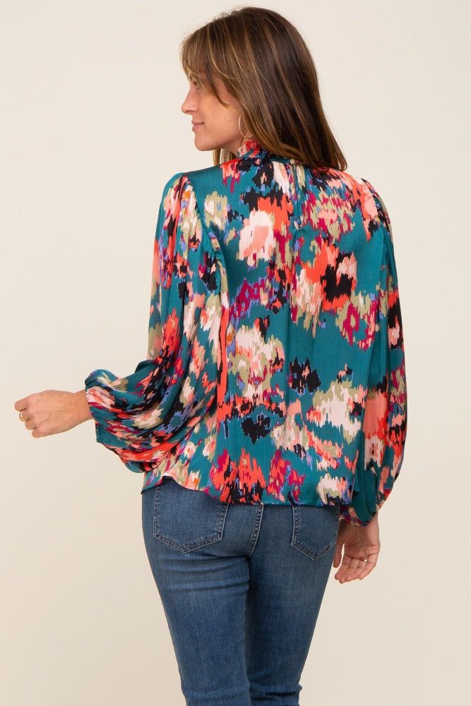 Teal Abstract Smocked Mock Neck Blouse sold by Pinkblush product image thumbnail 3
