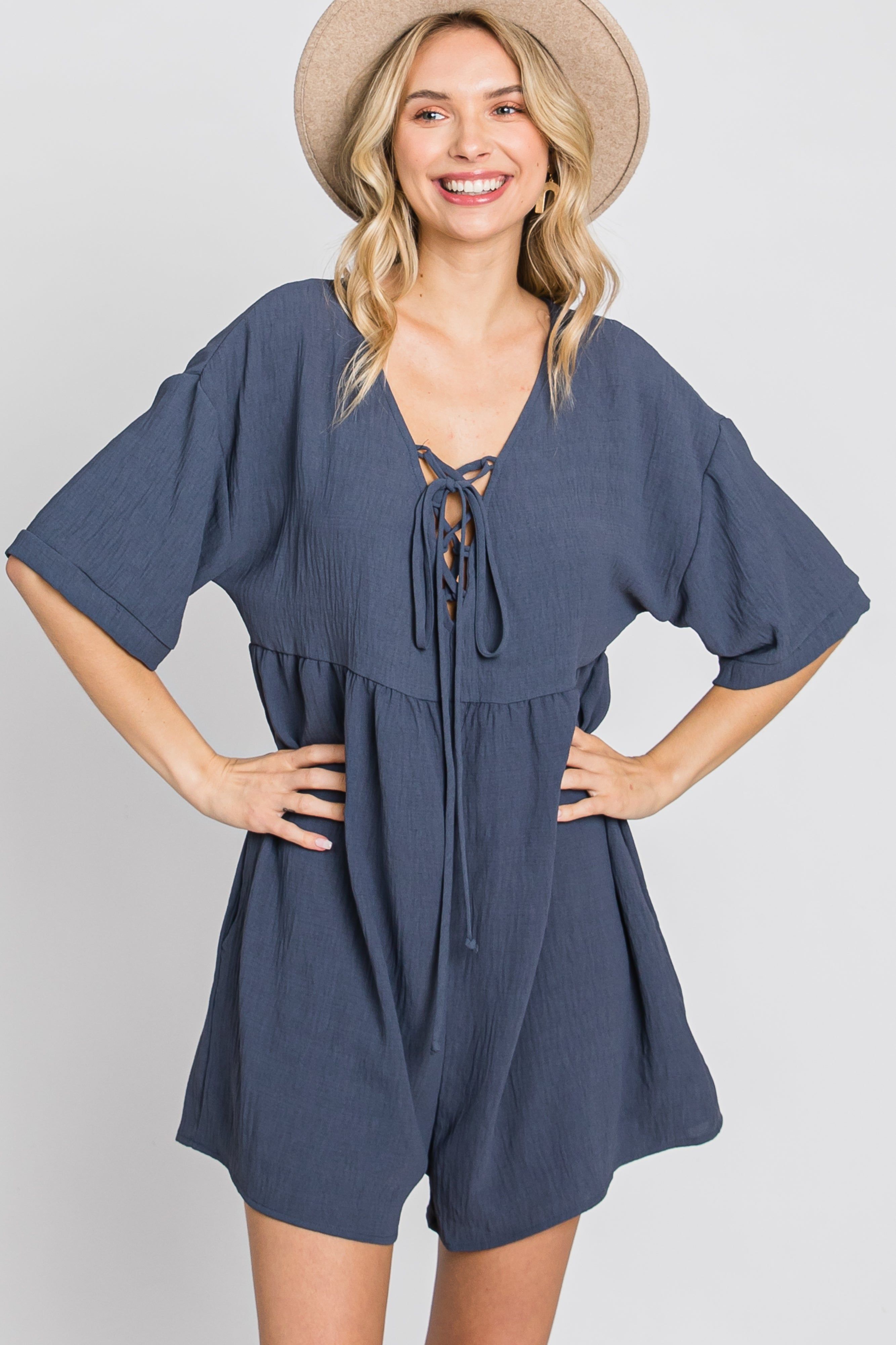Charcoal Lace Up Romper sold by Pinkblush