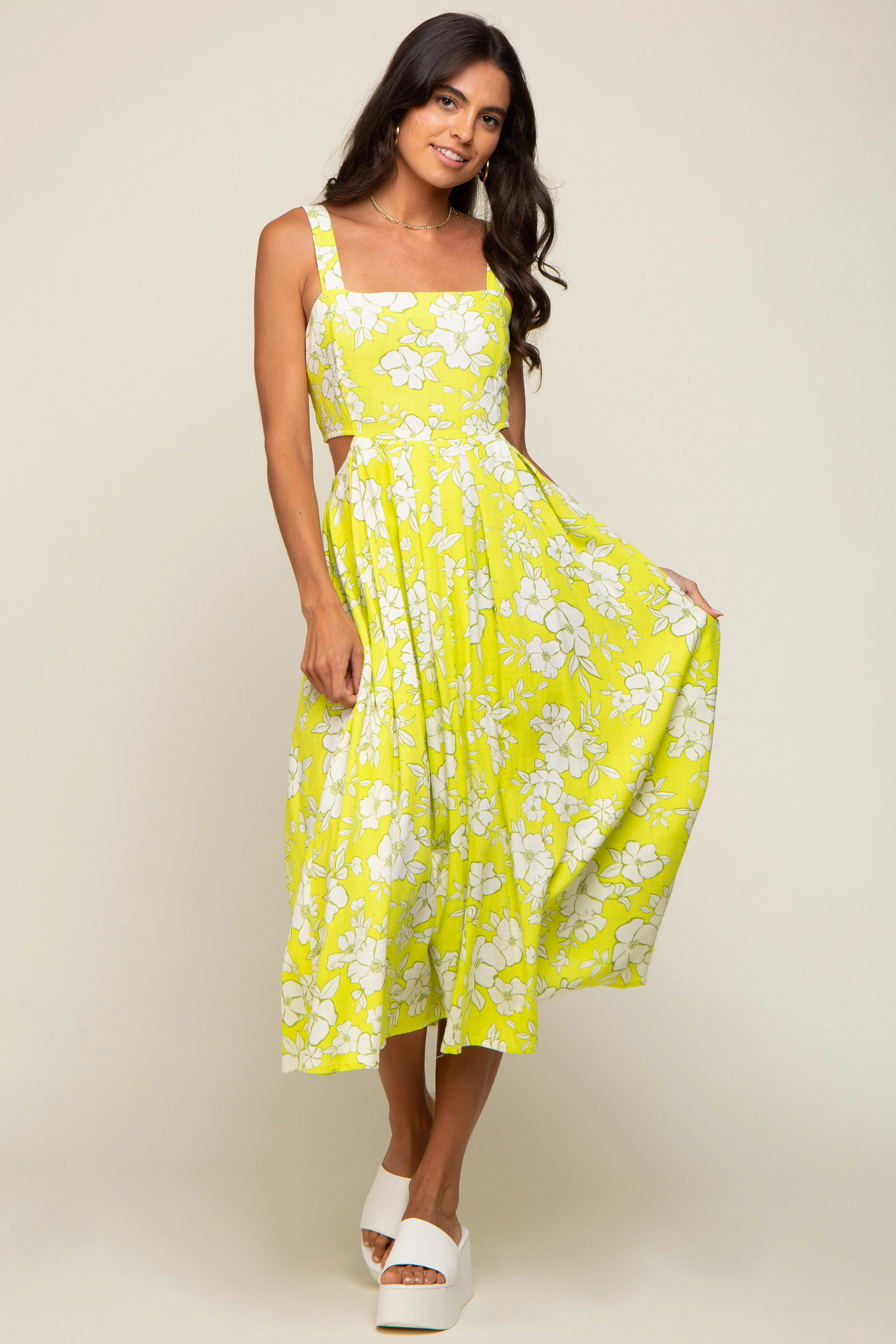 Lime Floral Sleeveless Side Cutout Midi Dress sold by Pinkblush product image thumbnail 5