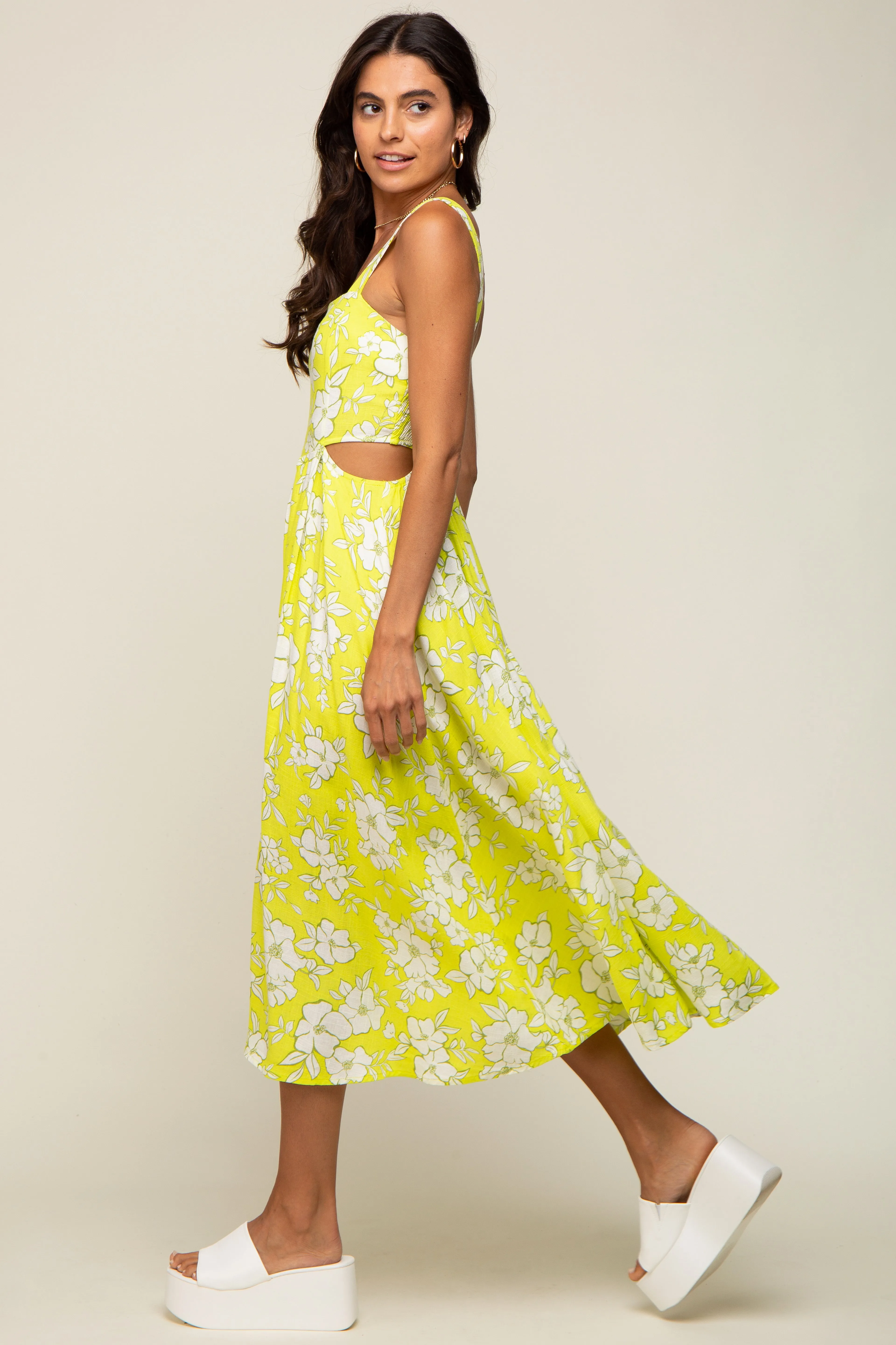 Lime Floral Sleeveless Side Cutout Midi Dress sold by Pinkblush product image thumbnail 2