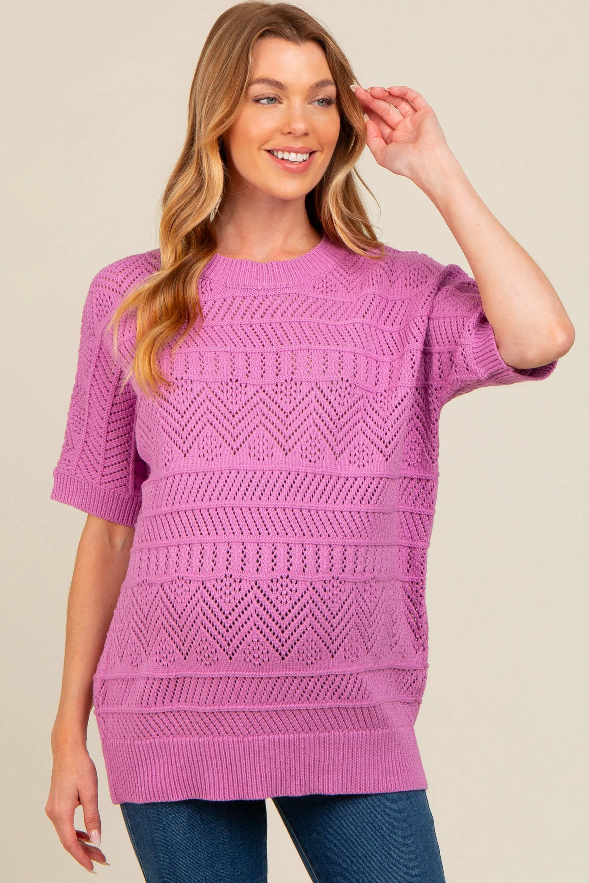 Violet Crochet Knit Short Sleeve Sweater Maternity Top sold by Pinkblush