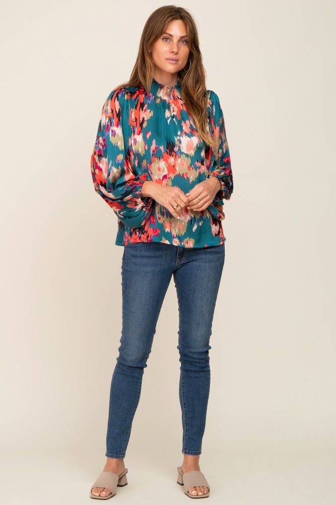 Teal Abstract Smocked Mock Neck Blouse sold by Pinkblush product image thumbnail 4