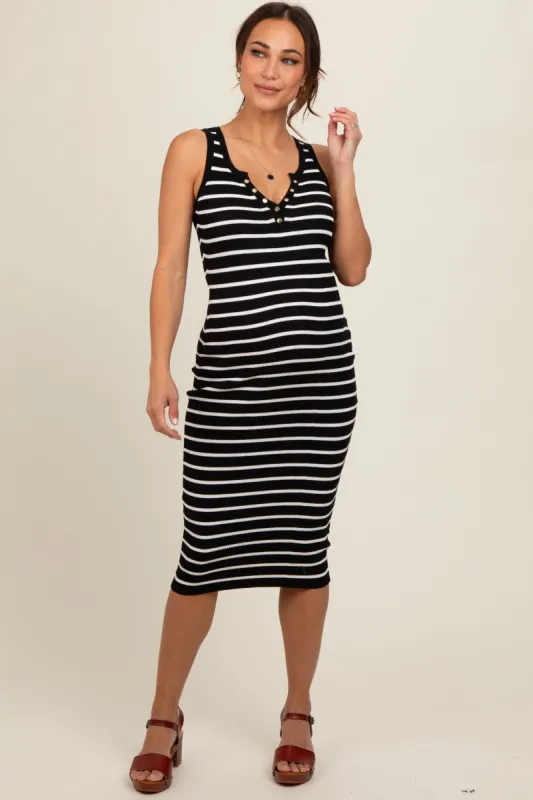 Black Striped Fitted Henley Knit Maternity Midi Dress sold by Pinkblush