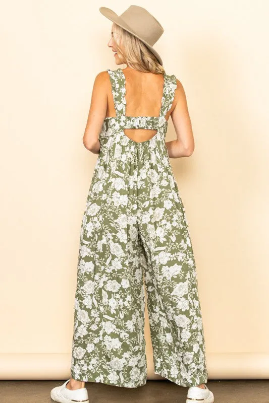 Light Olive Floral Ruffle Strap Jumpsuit sold by Pinkblush product image thumbnail 3