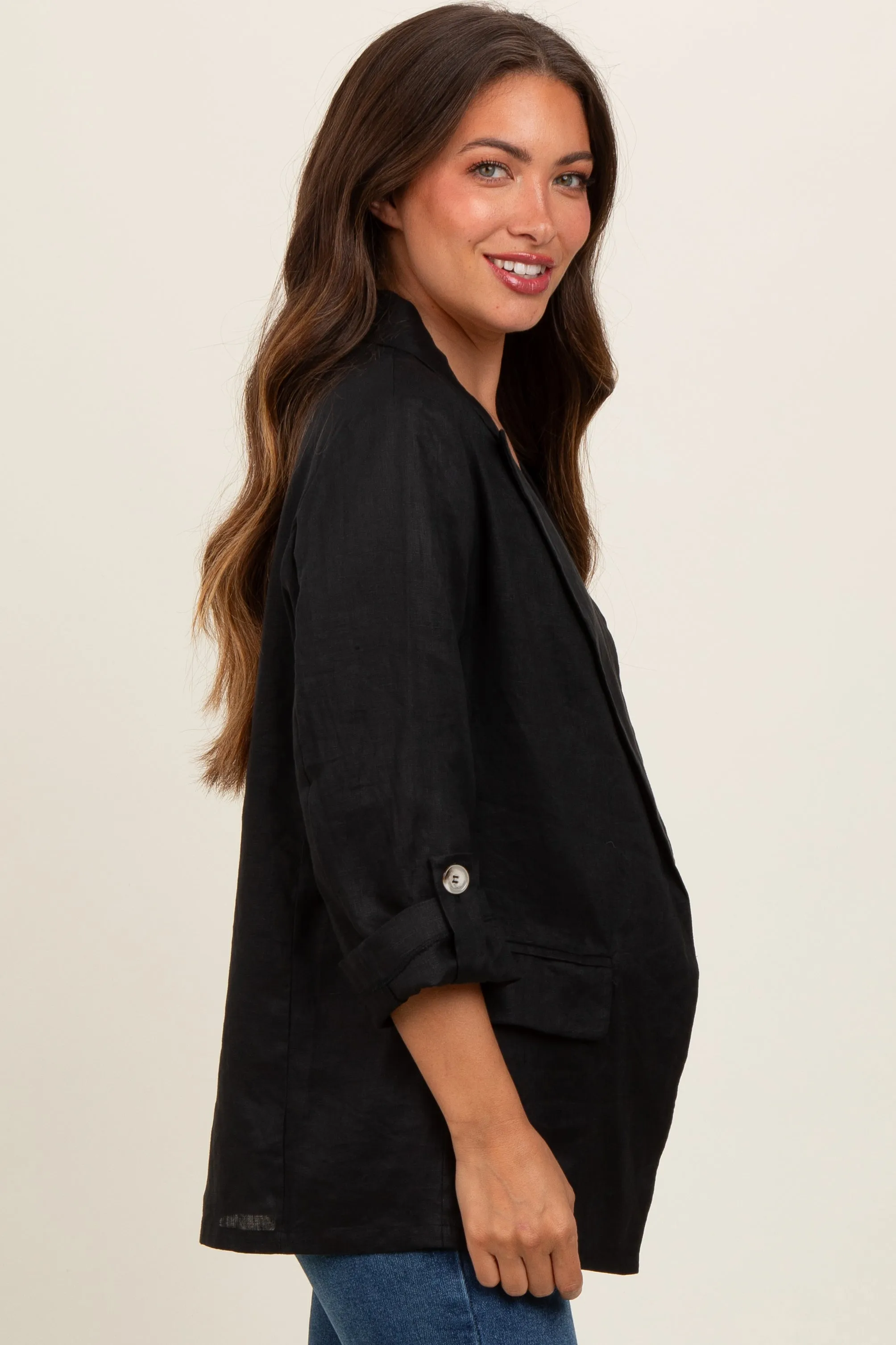 Black Linen Rolled Cuff Maternity Blazer sold by Pinkblush product image thumbnail 2