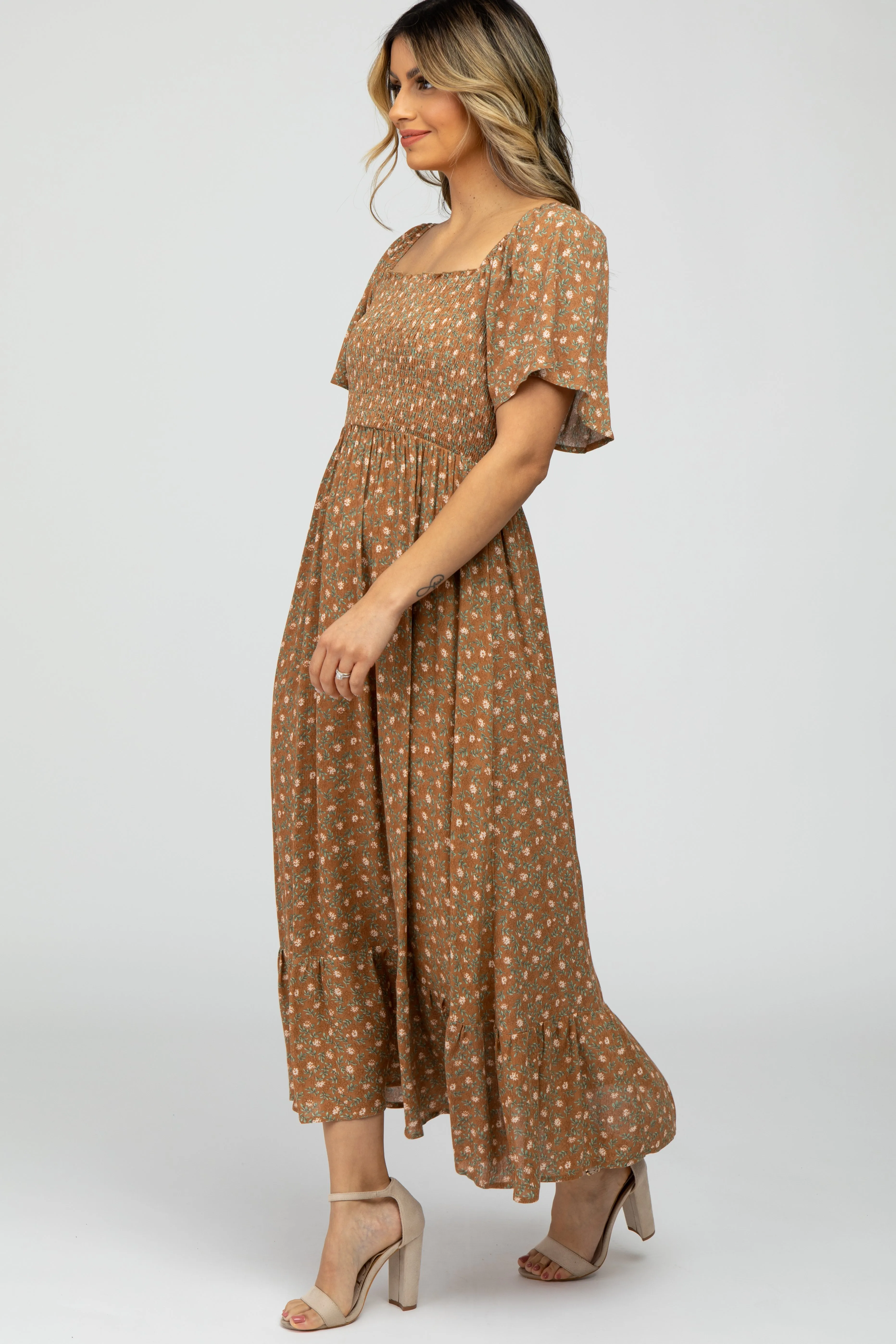 Camel Floral Smocked Square Neck Midi Dress sold by Pinkblush product image thumbnail 3