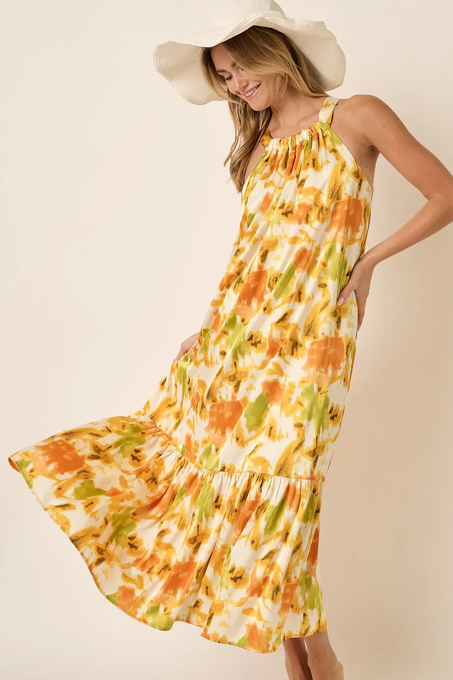 Orange Watercolor Print Satin Midi Dress sold by Pinkblush
