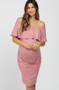 Mauve Off Shoulder Fitted Maternity Dress sold by Pinkblush
