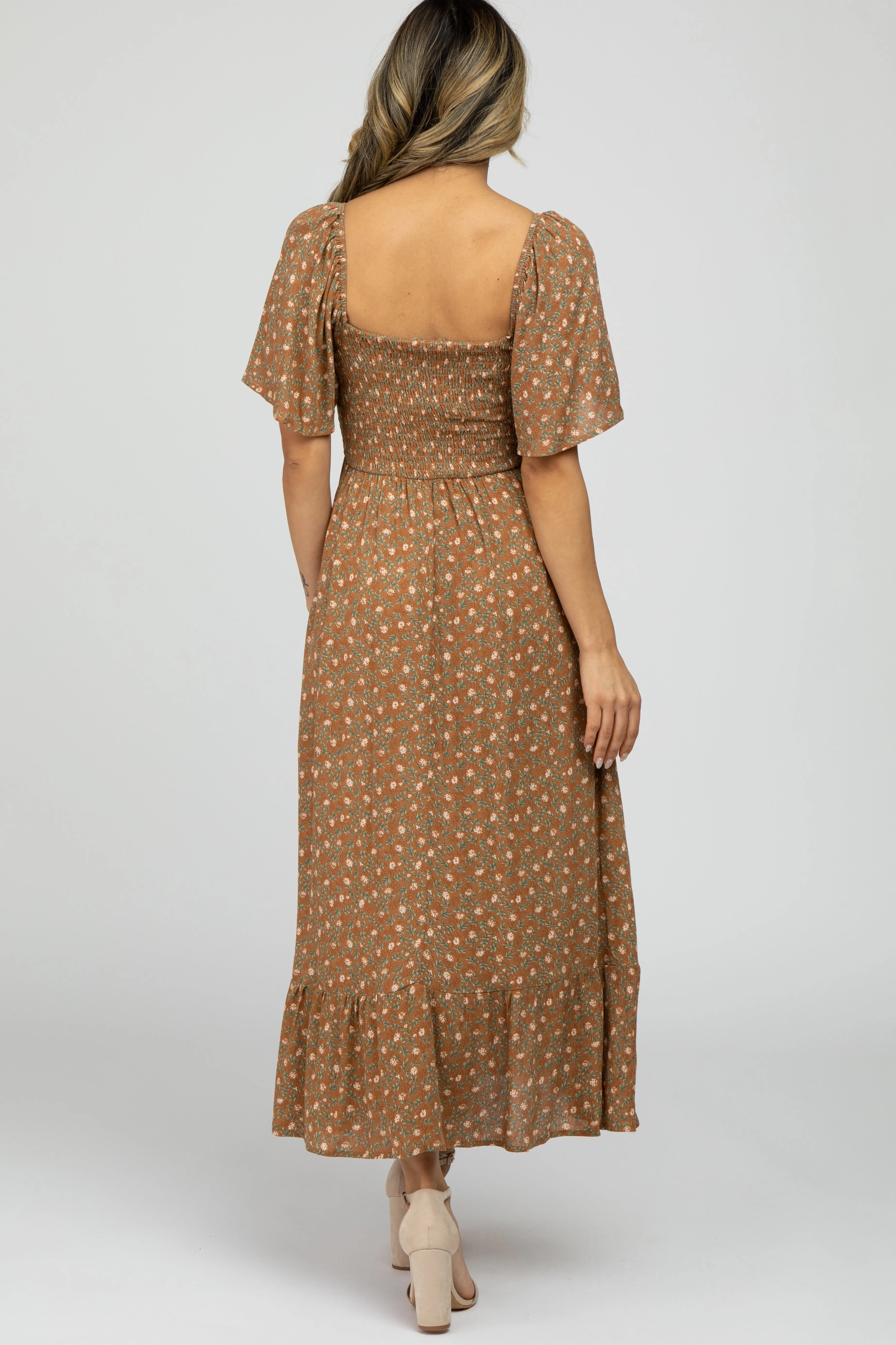 Camel Floral Smocked Square Neck Midi Dress sold by Pinkblush product image thumbnail 4