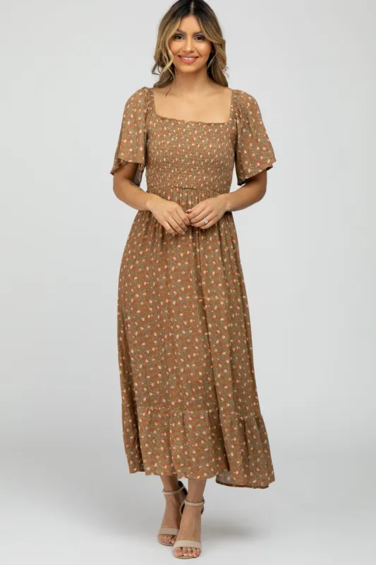 Camel Floral Smocked Square Neck Midi Dress sold by Pinkblush
