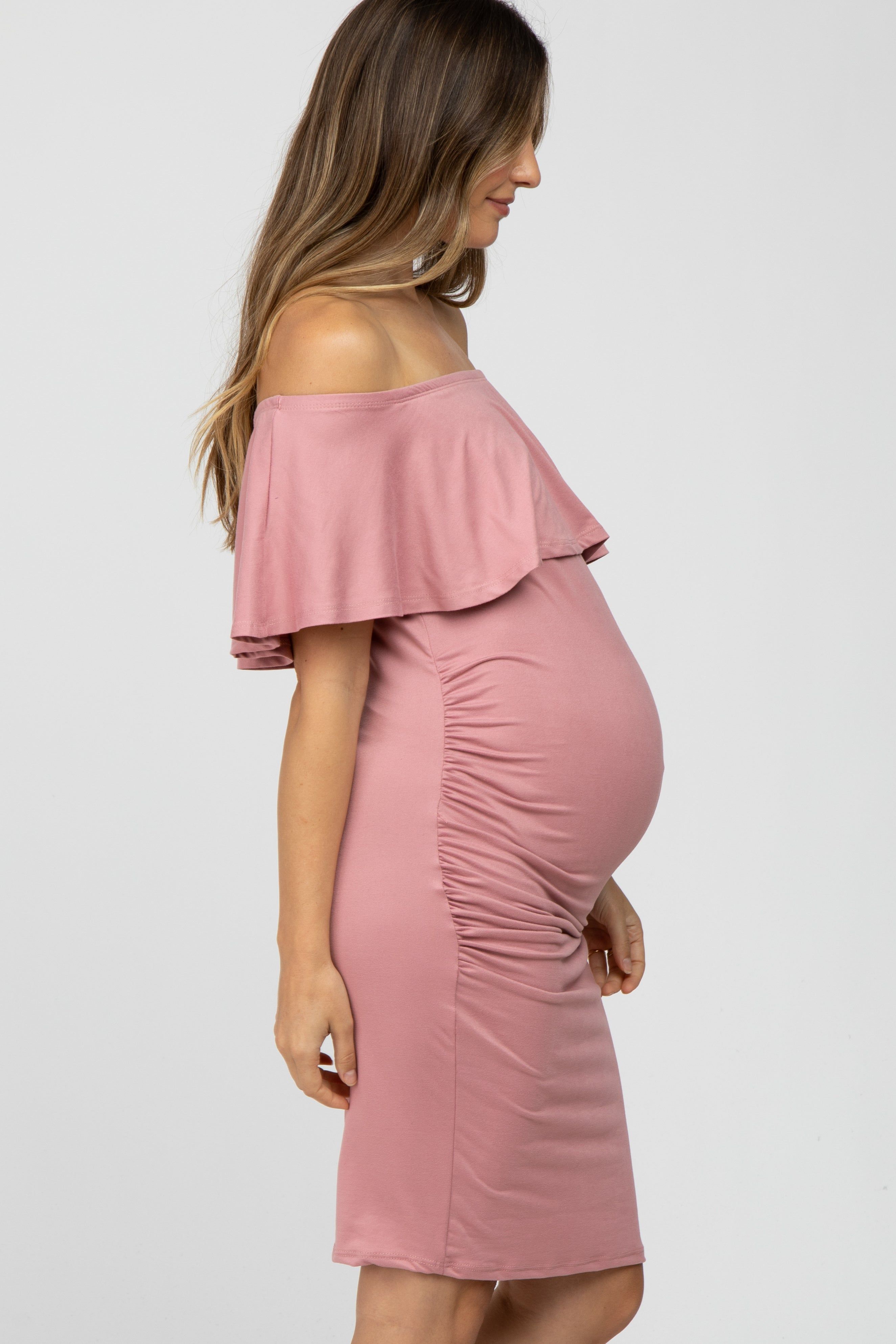 Mauve Off Shoulder Fitted Maternity Dress sold by Pinkblush product image thumbnail 2