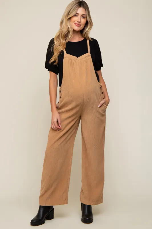 Camel Corduroy Wide Leg Maternity Overalls sold by Pinkblush